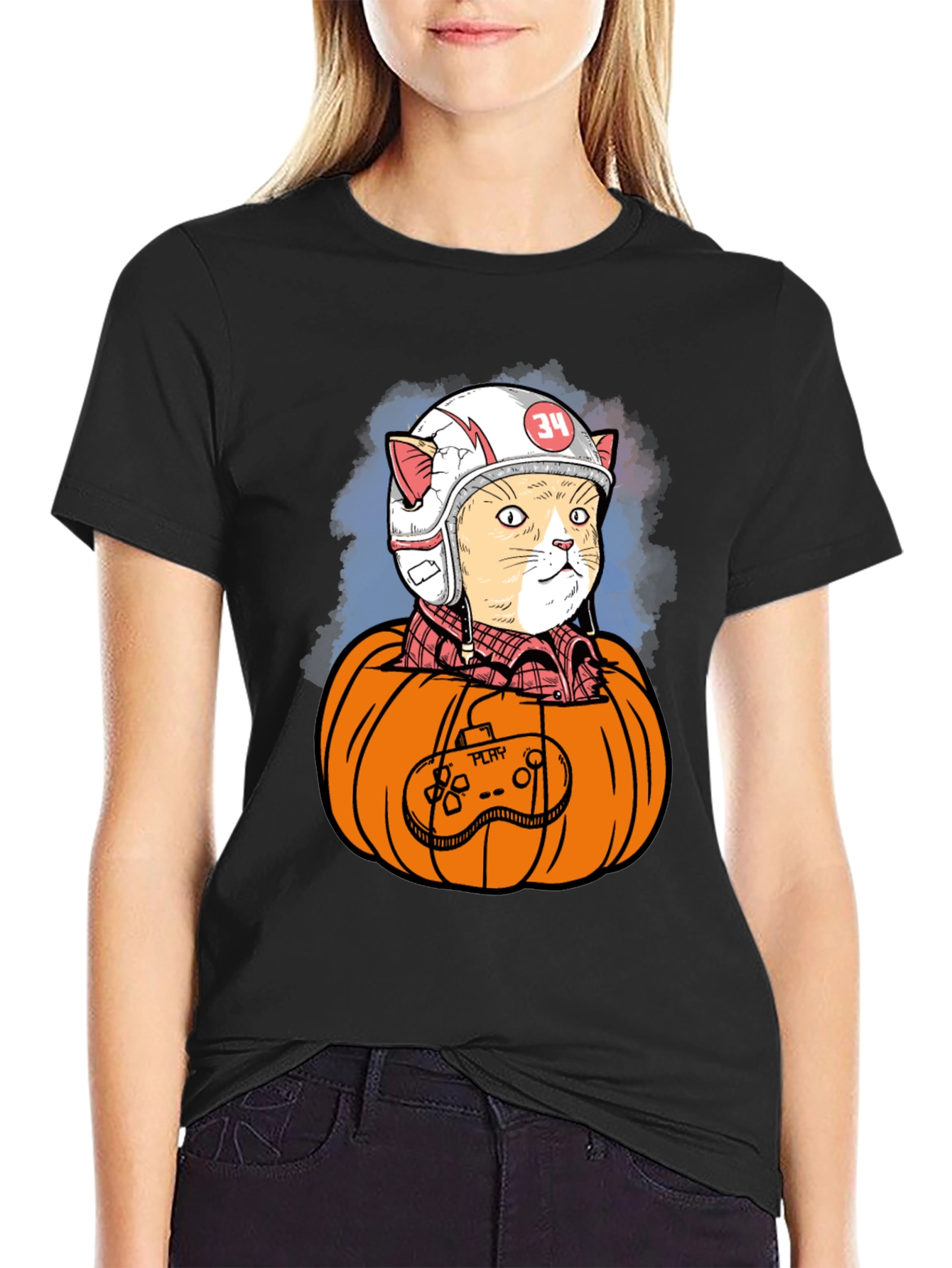 Cat Gamer in Pumpkin T-Shirt