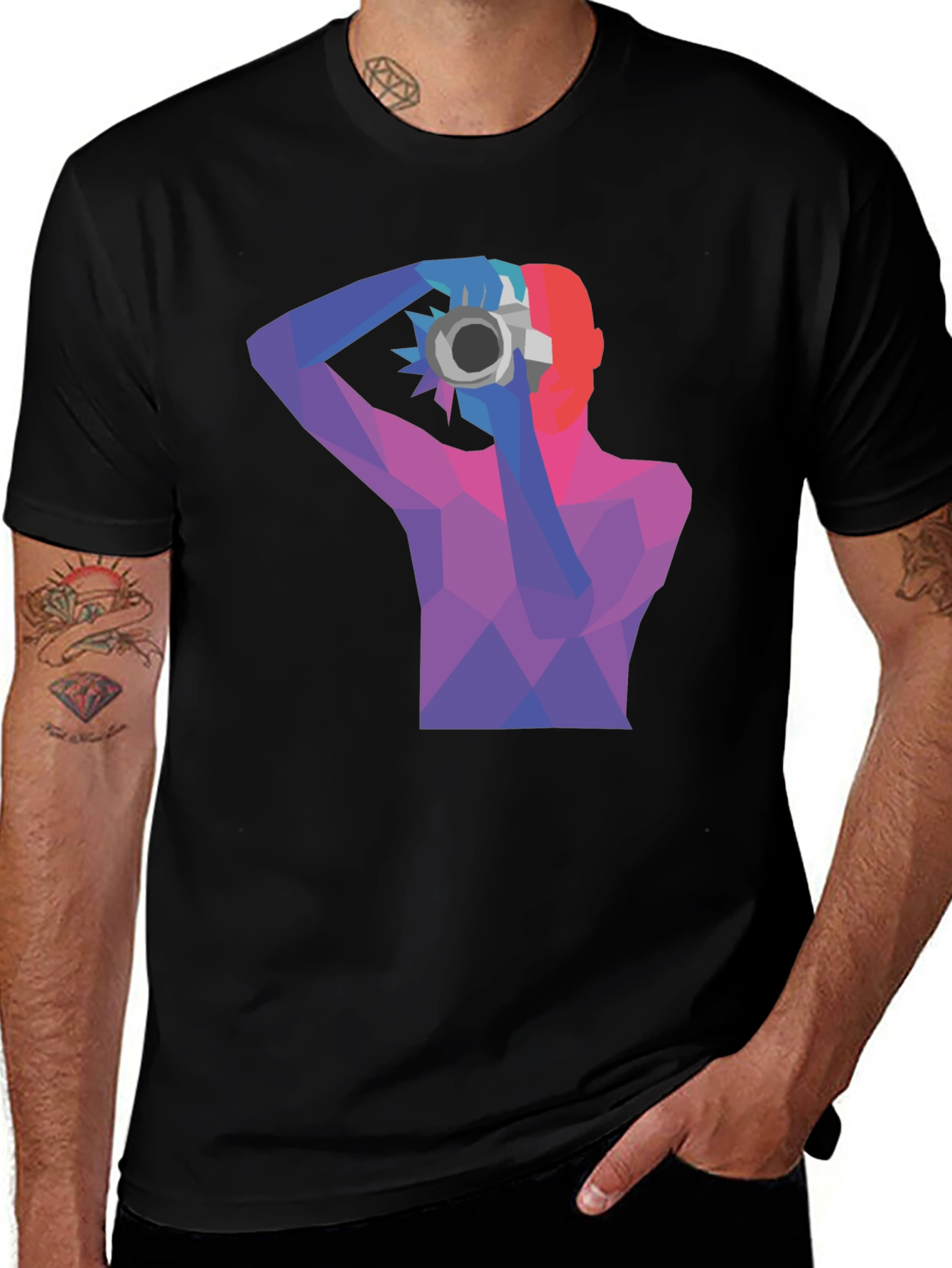 Abstract Photographer Graphic Tee - Black Cotton Shirt