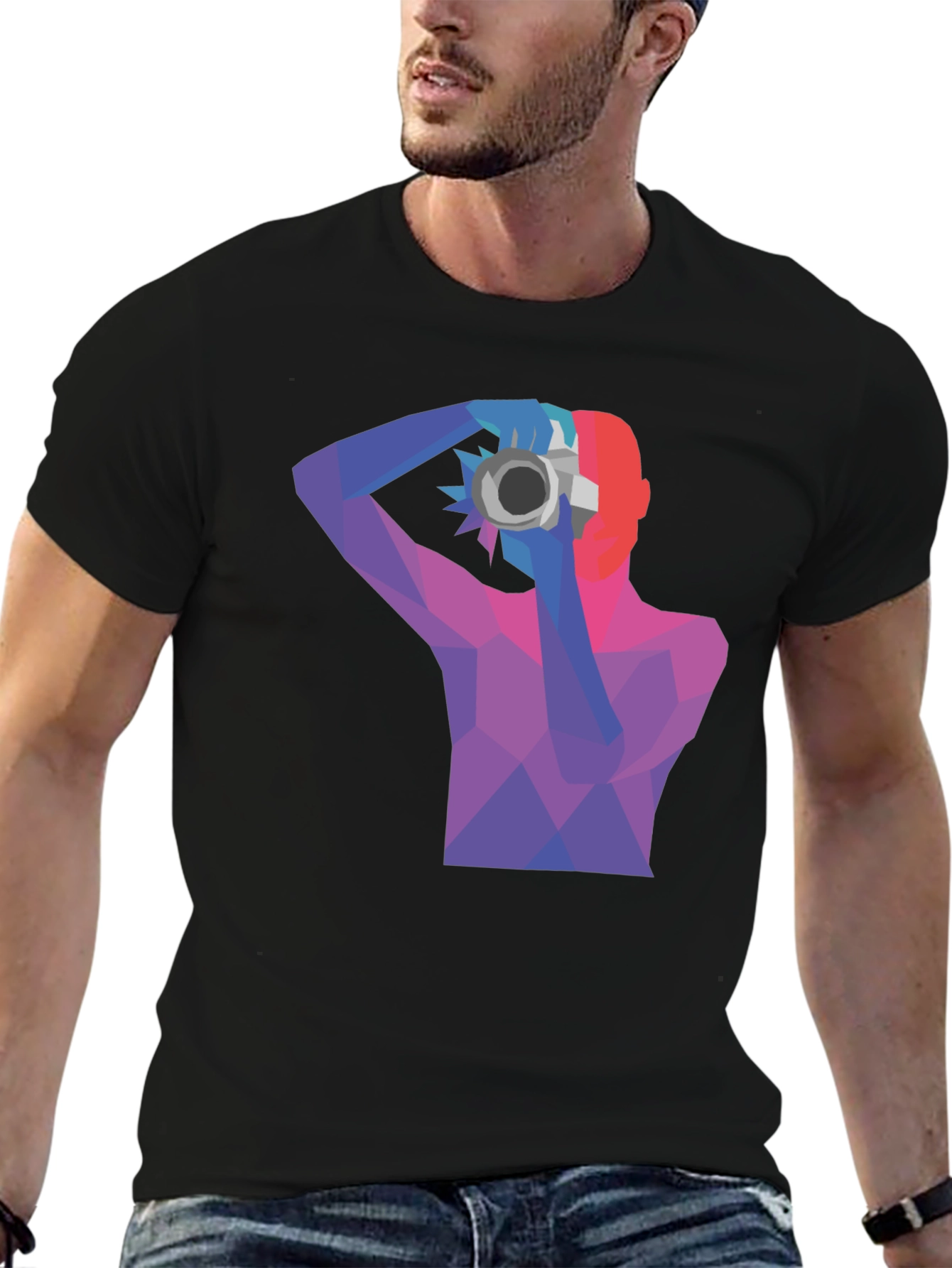 Abstract Photographer Graphic Tee - Black Cotton Shirt