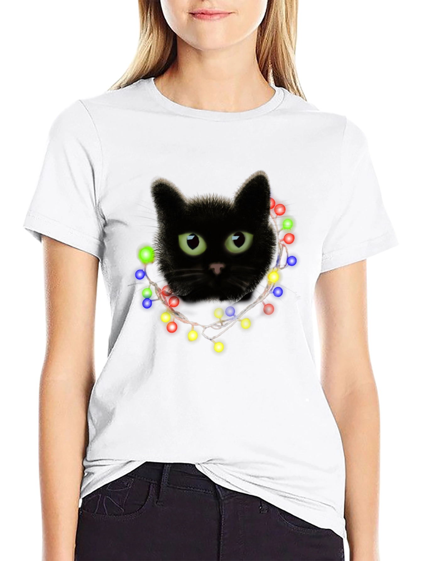 Black Cat Christmas Lights T-Shirt