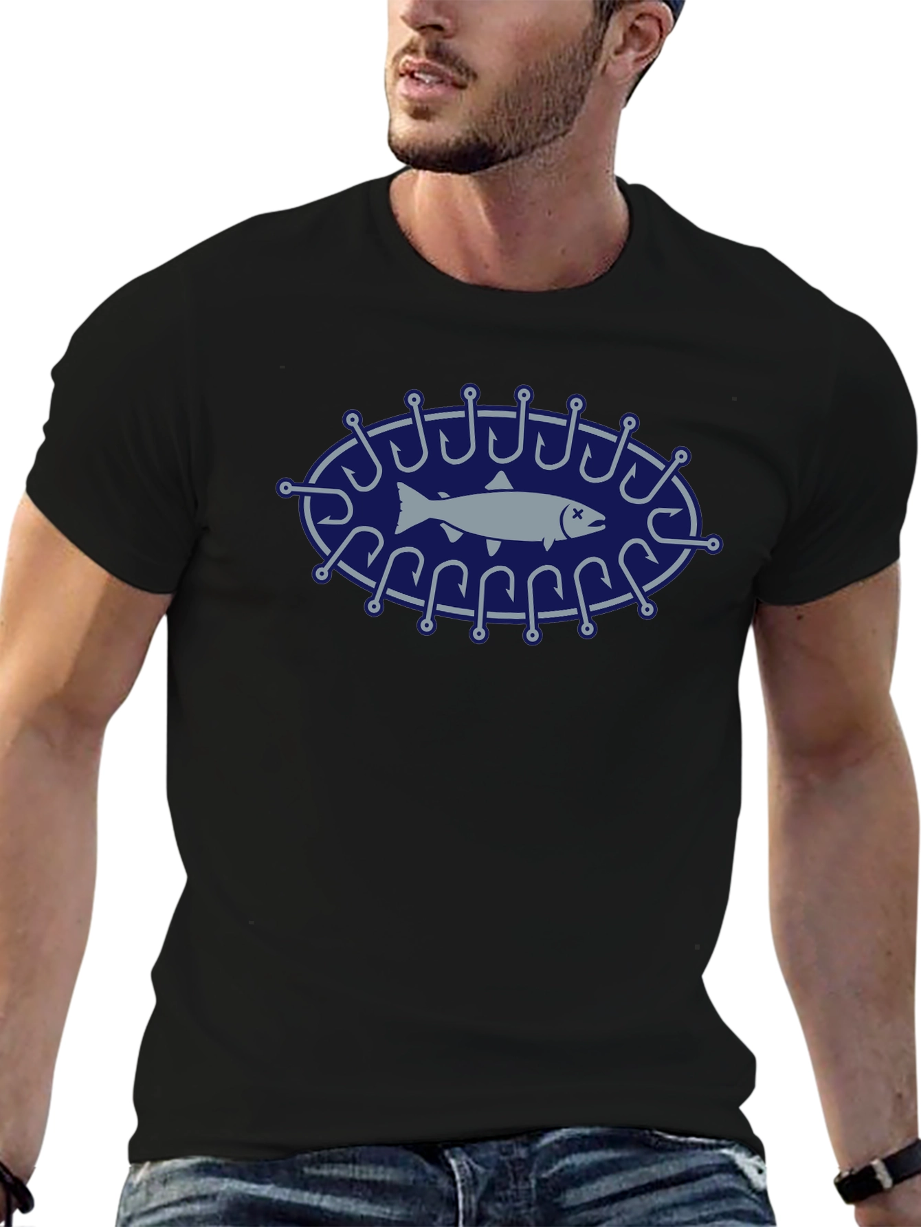 Fishing Hook Fish Graphic Tee - Black