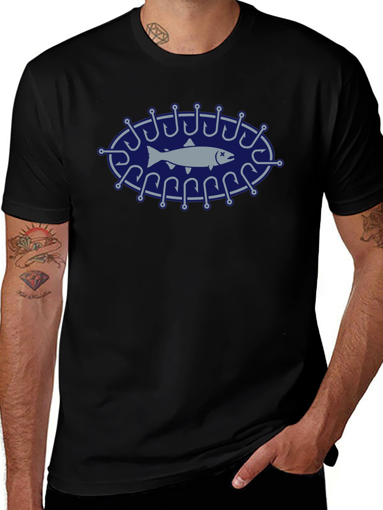 Fishing Hook Fish Graphic Tee - Black