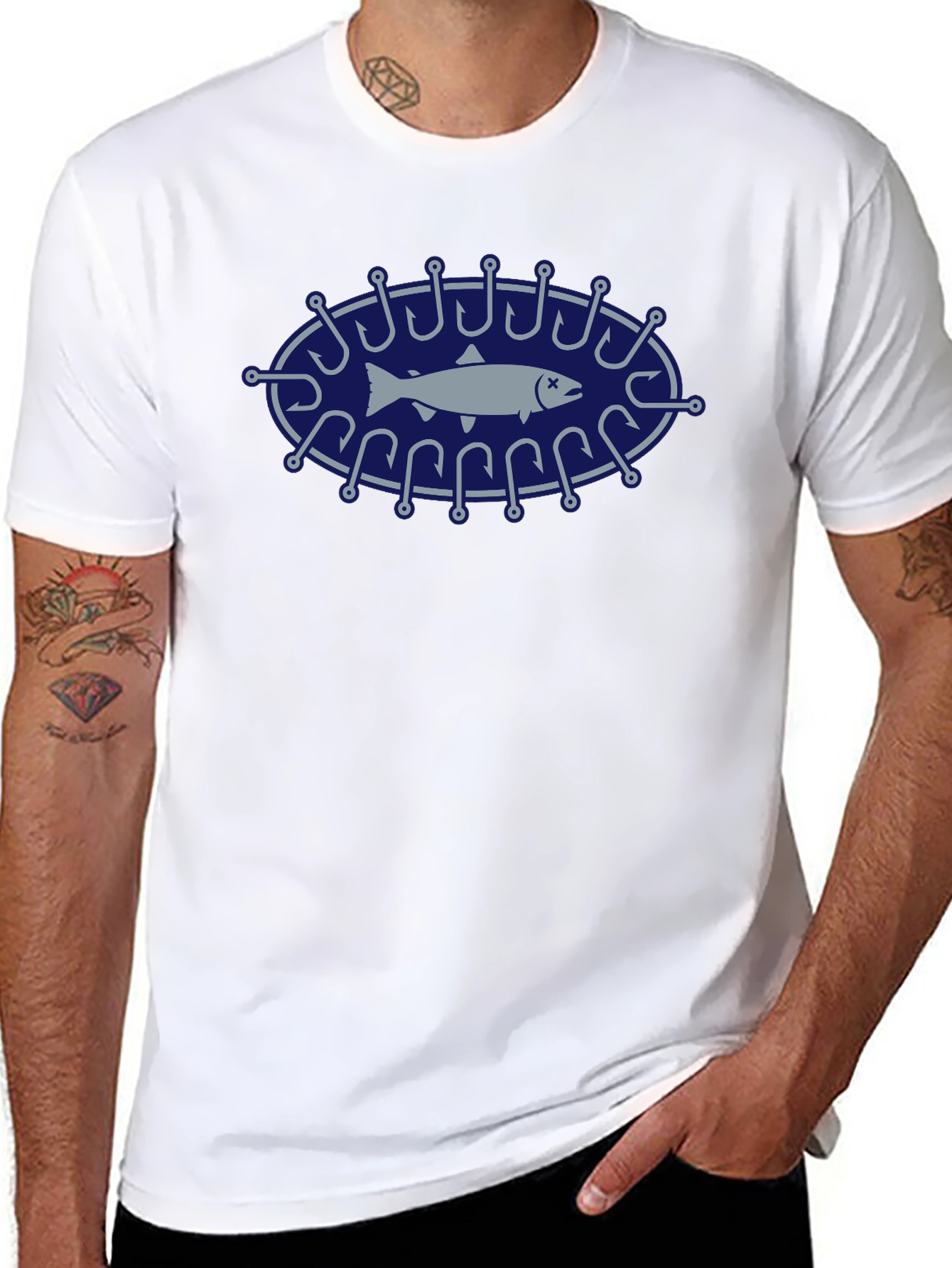 Fishing Hook Fish Graphic Tee - Black