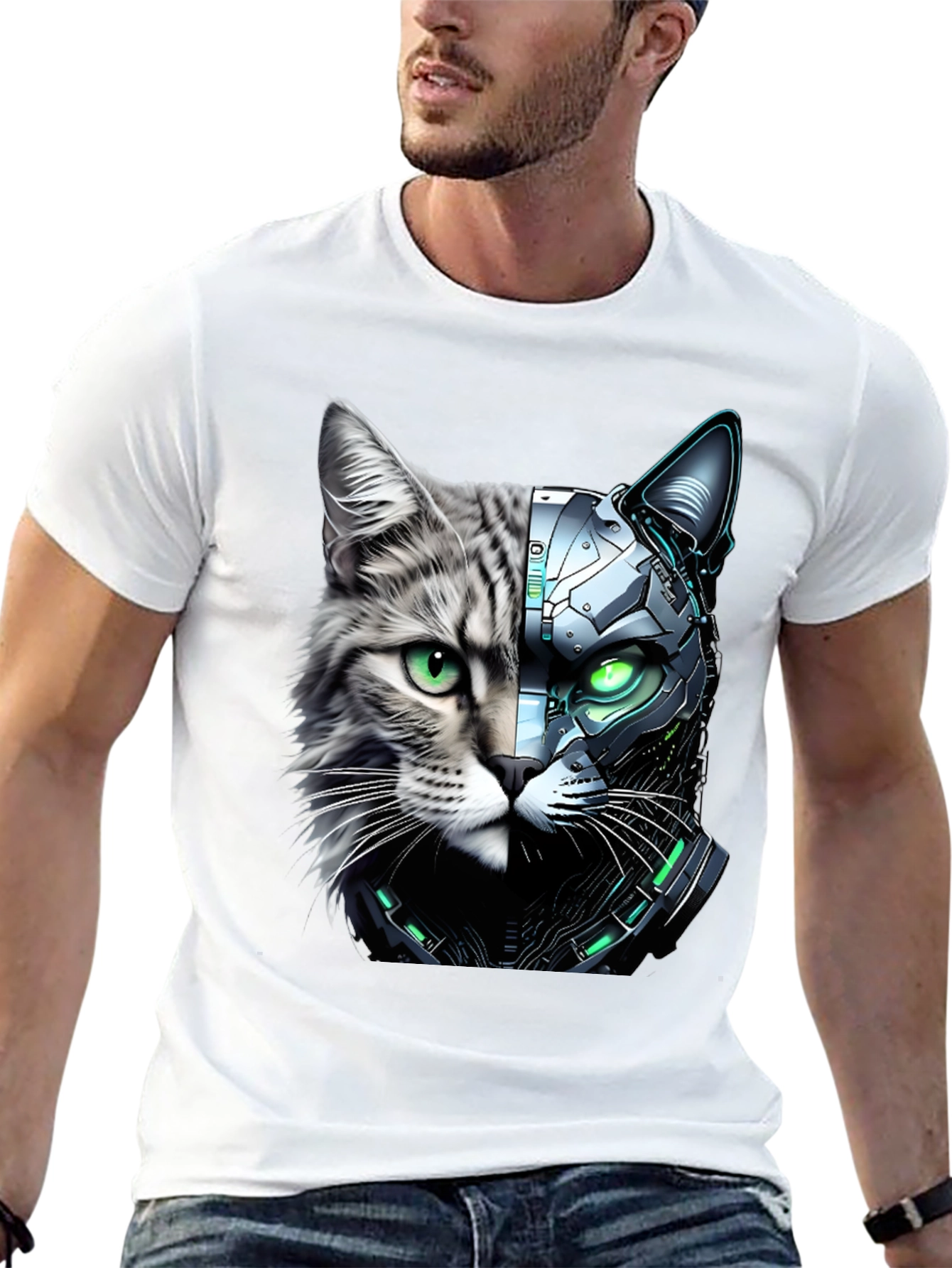 Cyber Cat T-Shirt - Futuristic Animal Tee