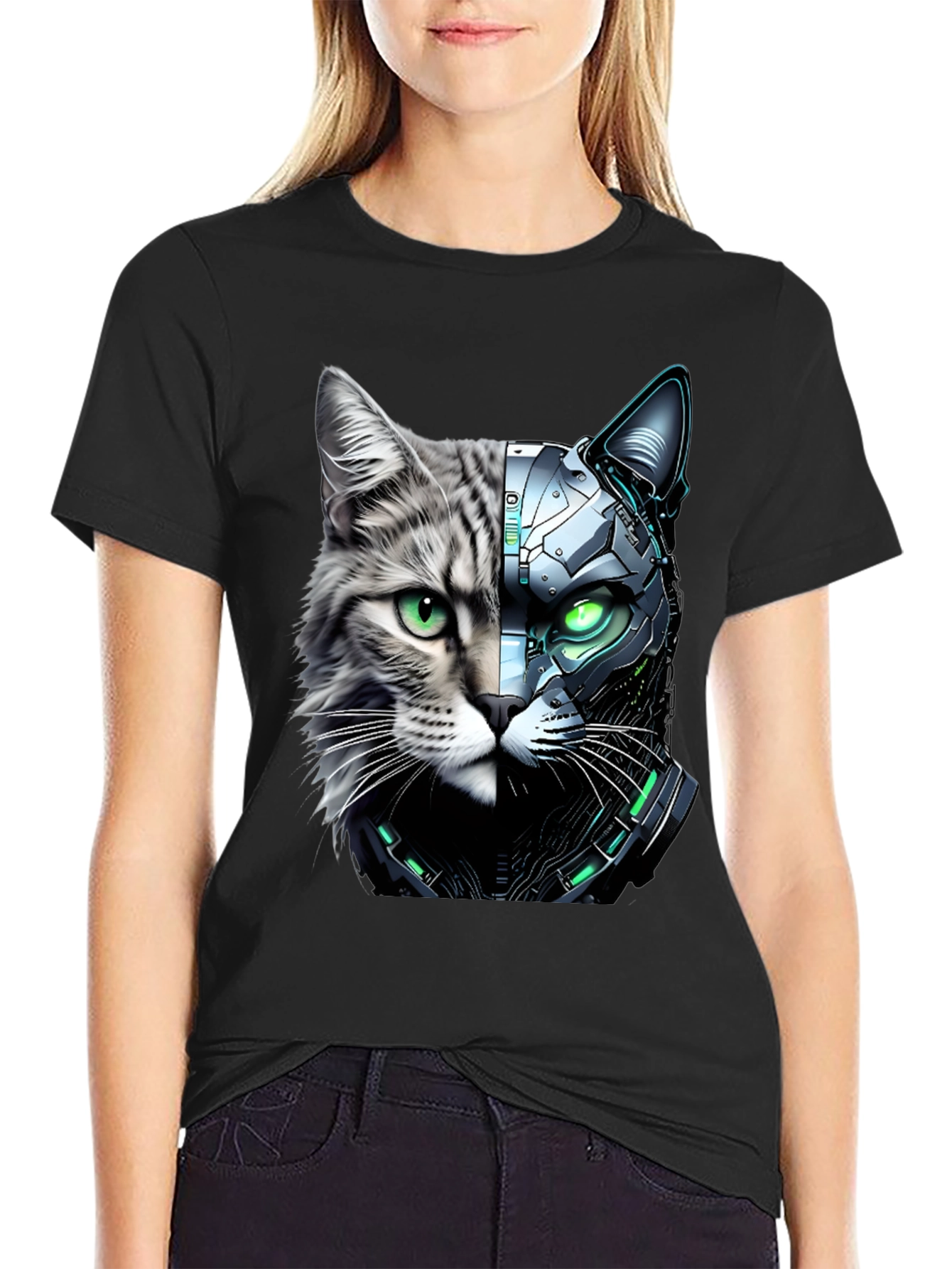 Cyber Cat T-Shirt - Futuristic Animal Tee