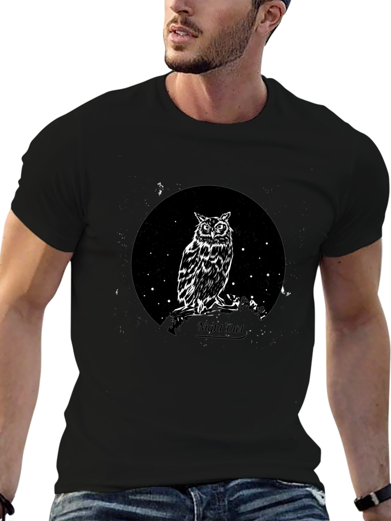 Night Owl Graphic Tee - Black Cotton T-Shirt