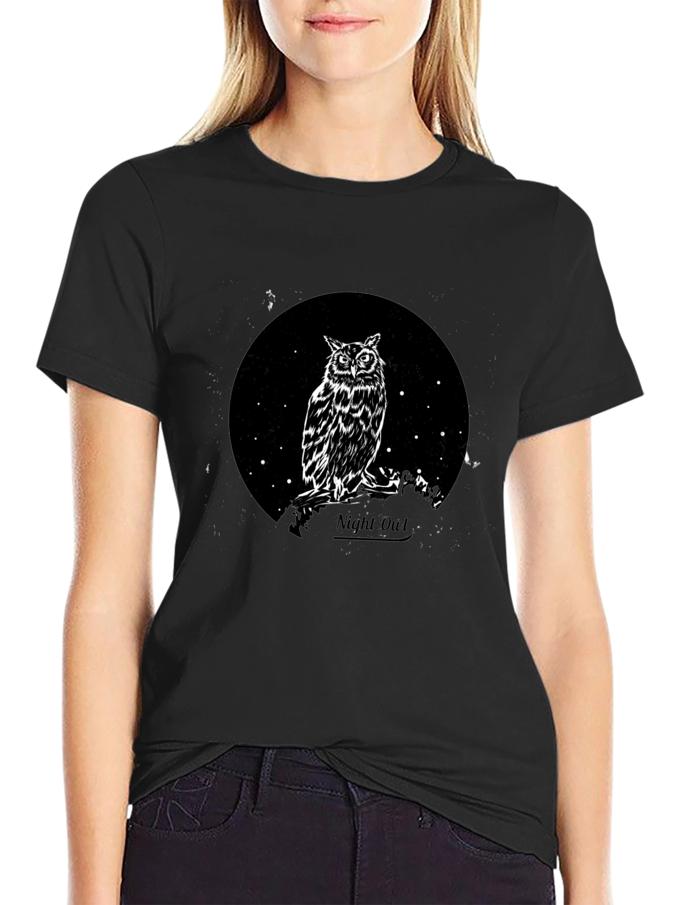 Night Owl Graphic Tee - Black Cotton T-Shirt
