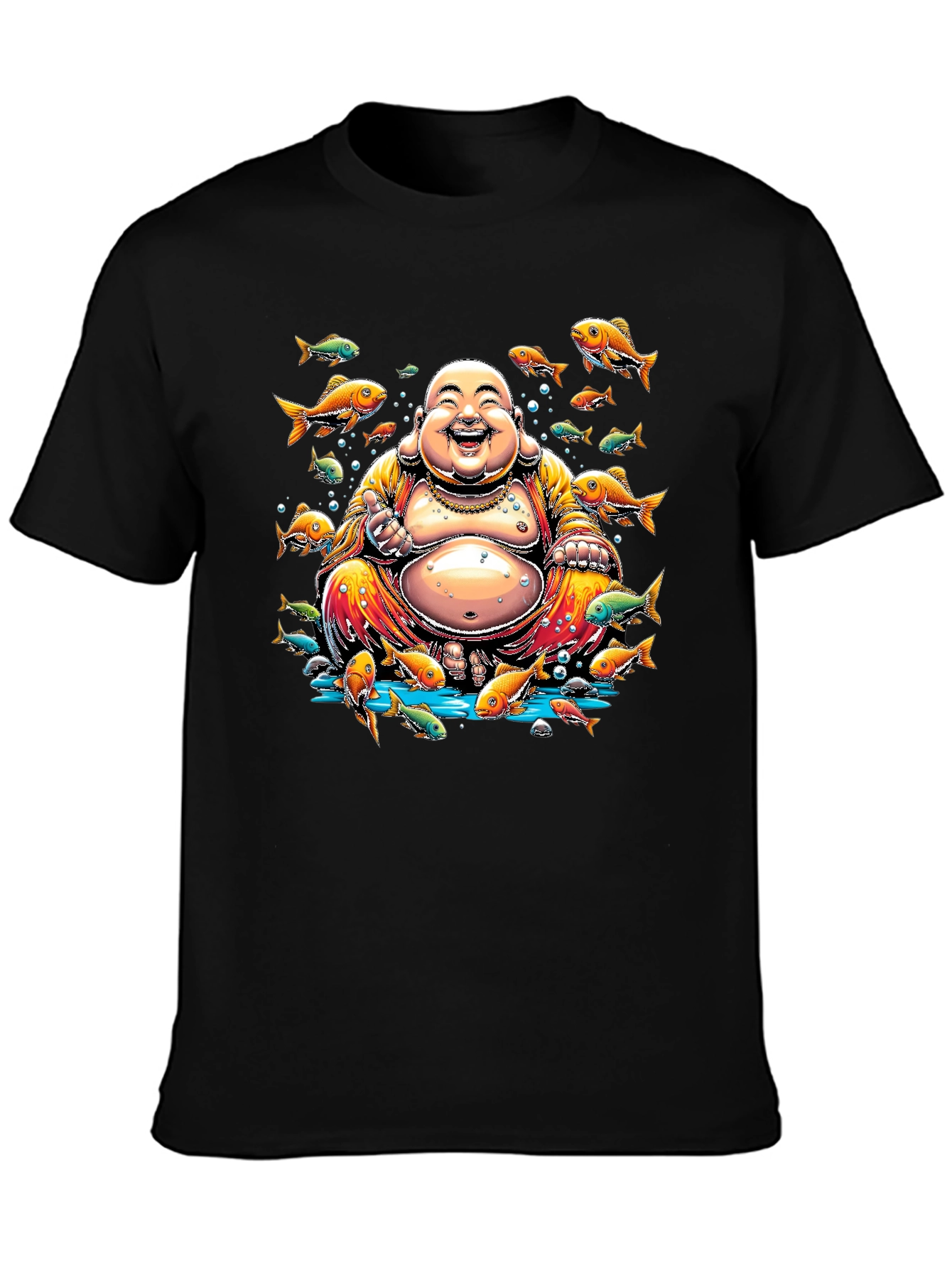 Laughing Buddha Fish Graphic Black T-Shirt