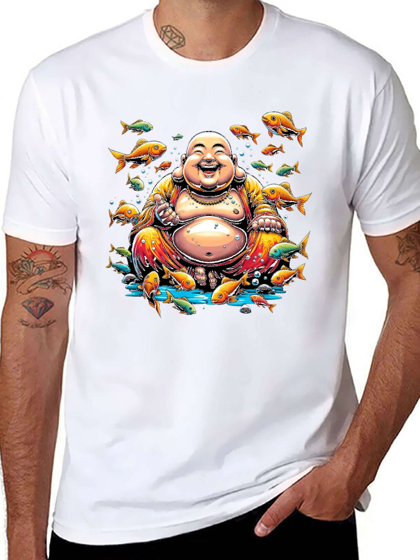 Laughing Buddha Fish Graphic Black T-Shirt