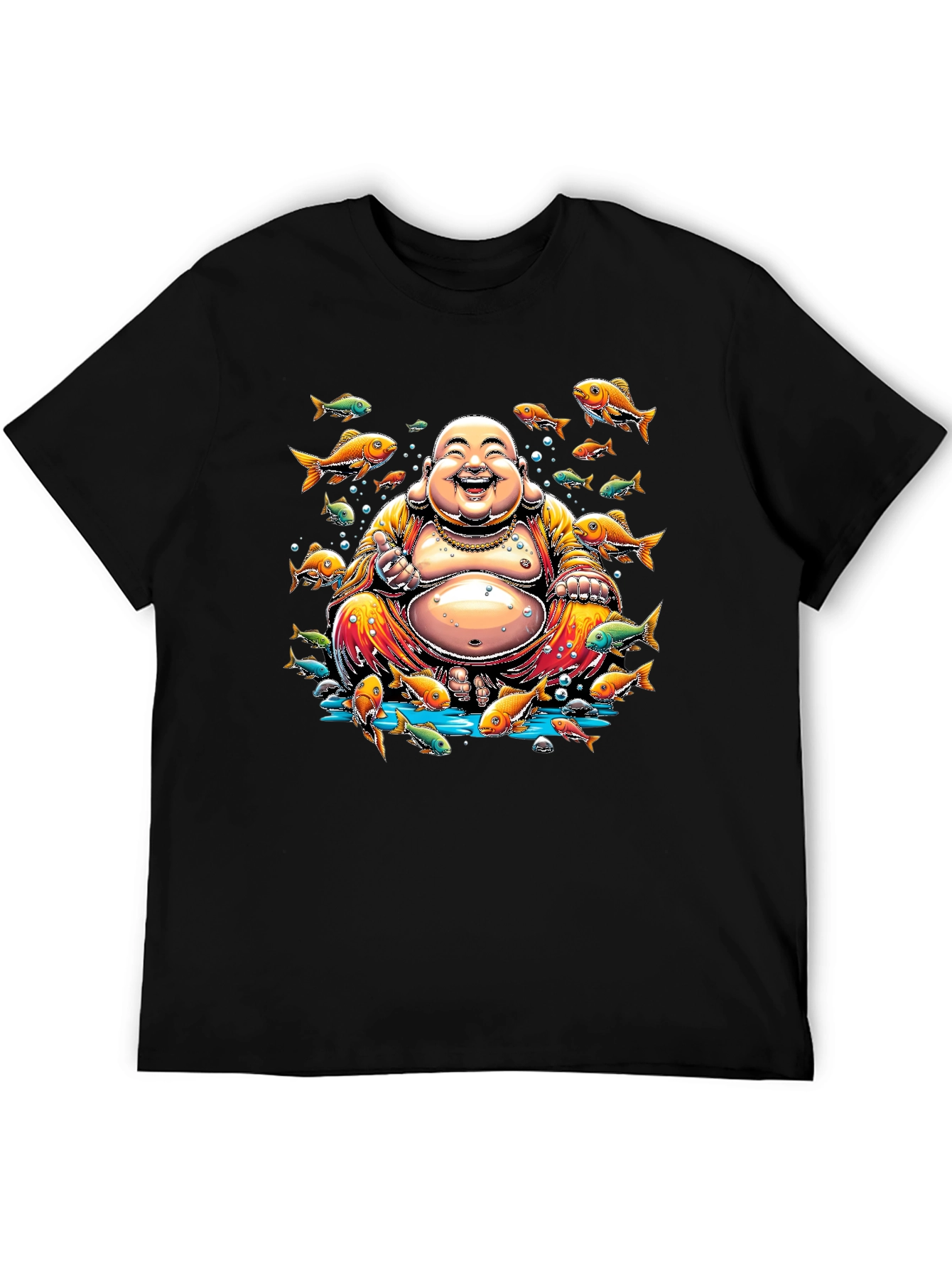 Laughing Buddha Fish Graphic Black T-Shirt