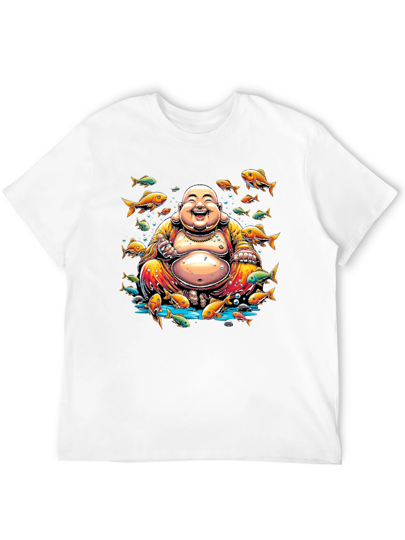 Laughing Buddha Fish Graphic Black T-Shirt