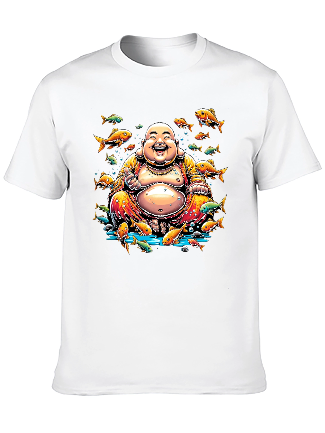 Laughing Buddha Fish Graphic Black T-Shirt