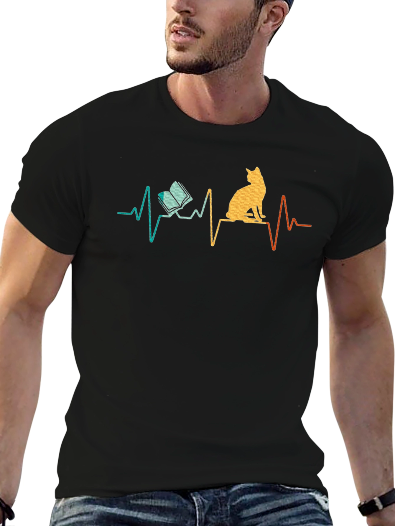 Cat & Book ECG Heartbeat T-Shirt