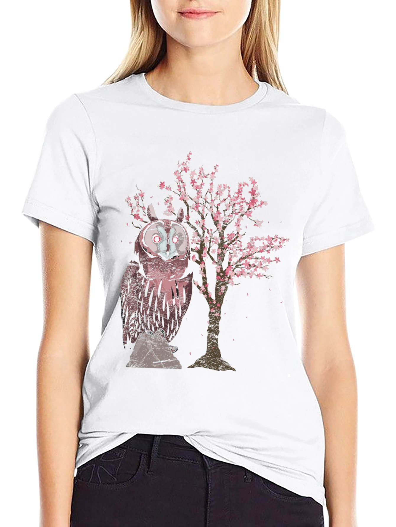 Owl & Cherry Blossom Tree Graphic T-Shirt