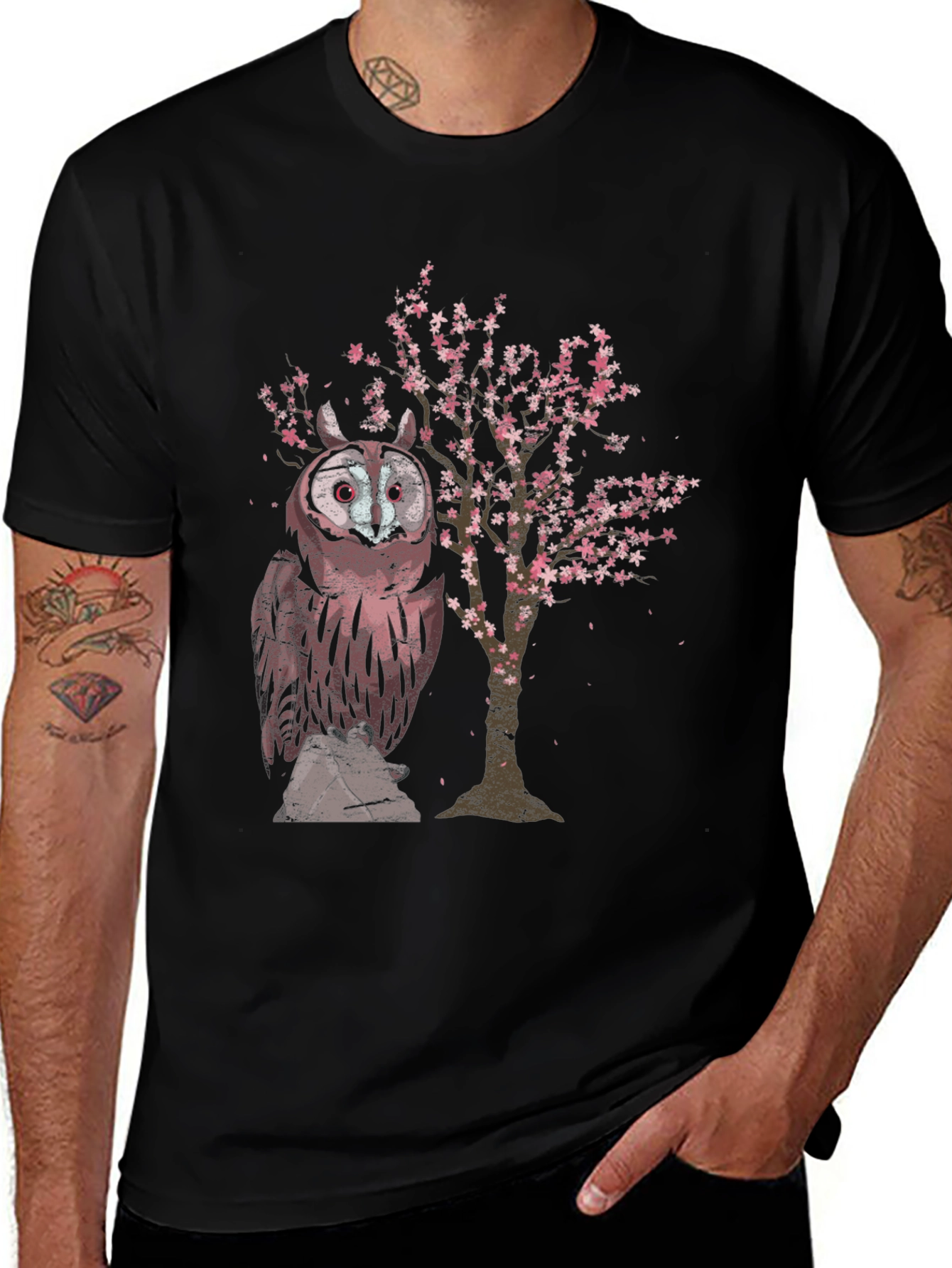 Owl & Cherry Blossom Tree Graphic T-Shirt