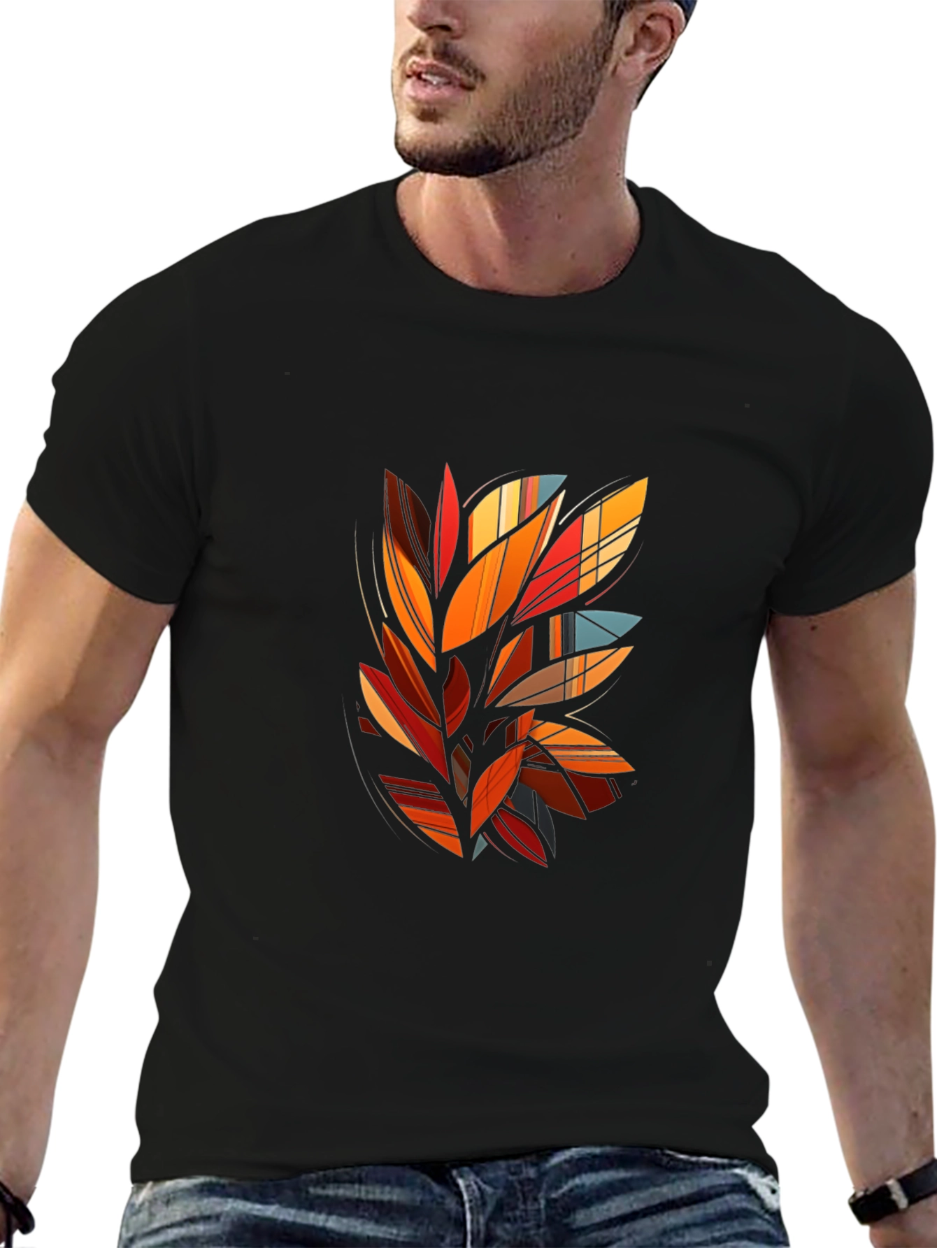 Abstract Leaf Design Black T-Shirt