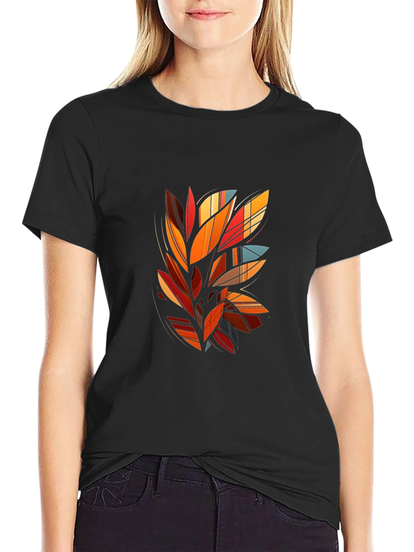 Abstract Leaf Design Black T-Shirt