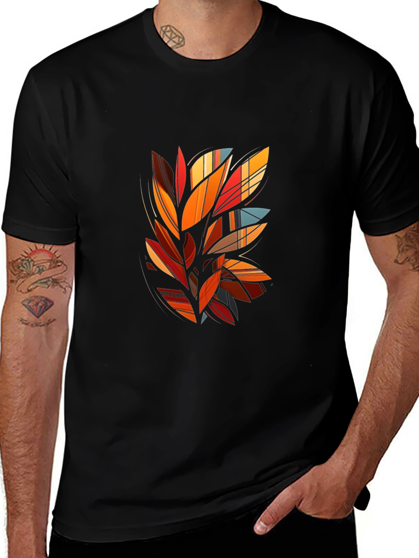 Abstract Leaf Design Black T-Shirt