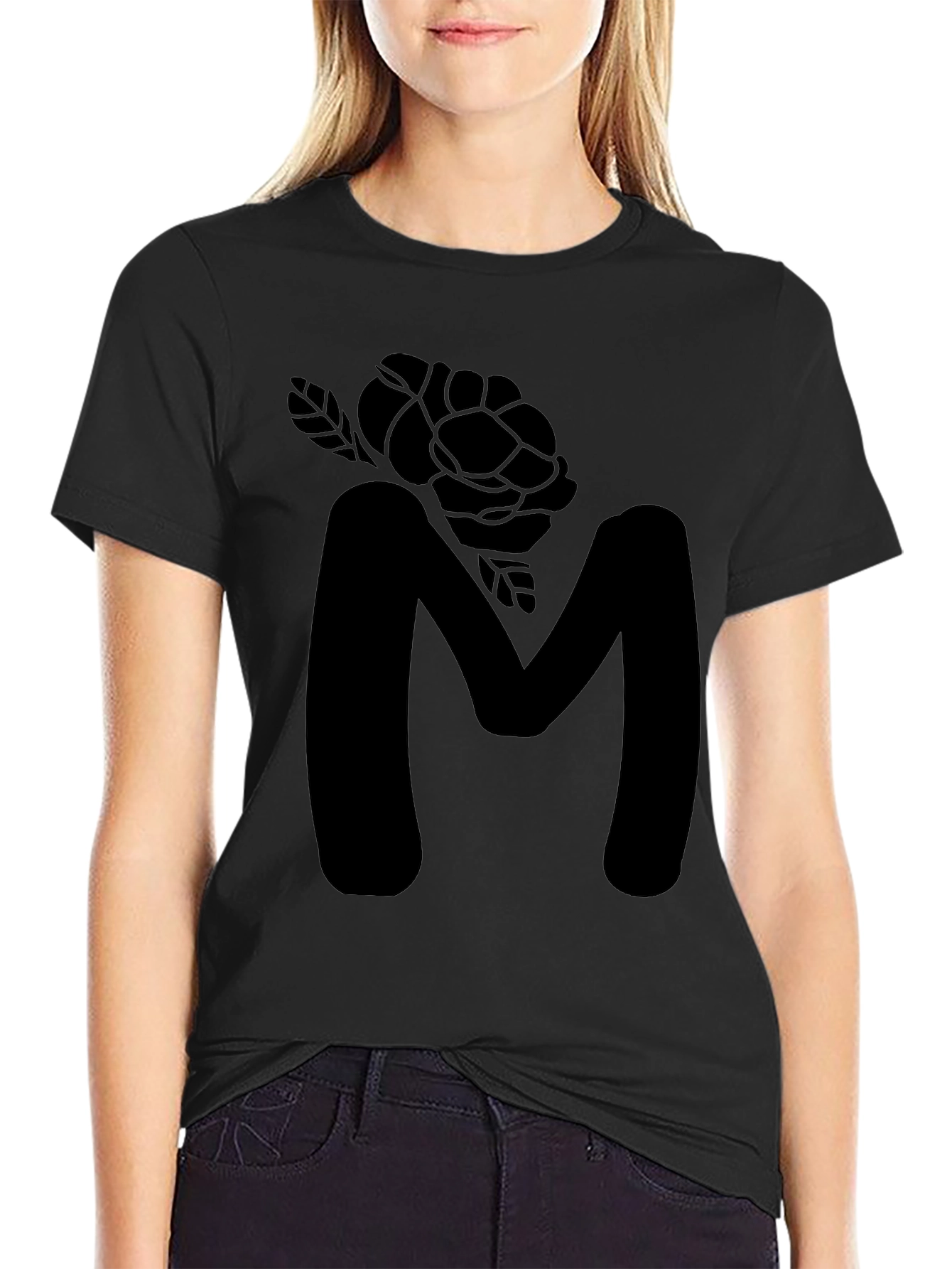 Mens Black Letter M Rose Graphic Tee