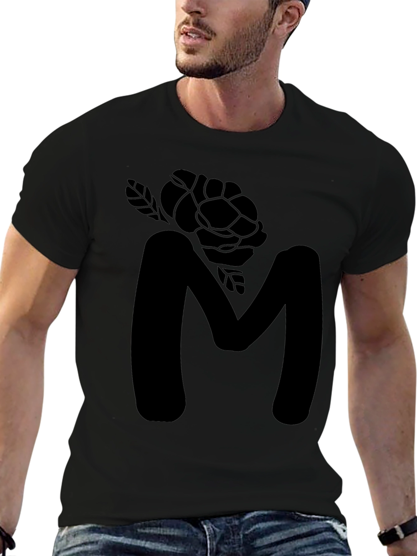 Mens Black Letter M Rose Graphic Tee