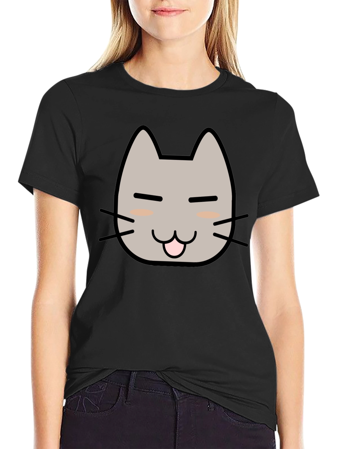 Cute Cartoon Cat Graphic Tee - Black