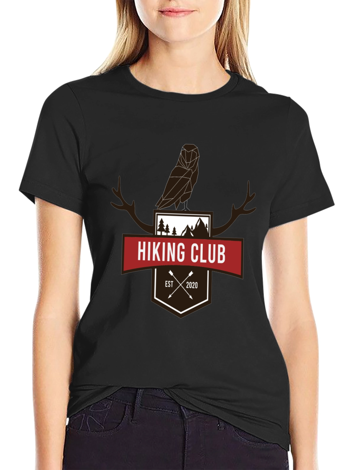 Hiking Club Tee - Geometric Owl & Antler Design