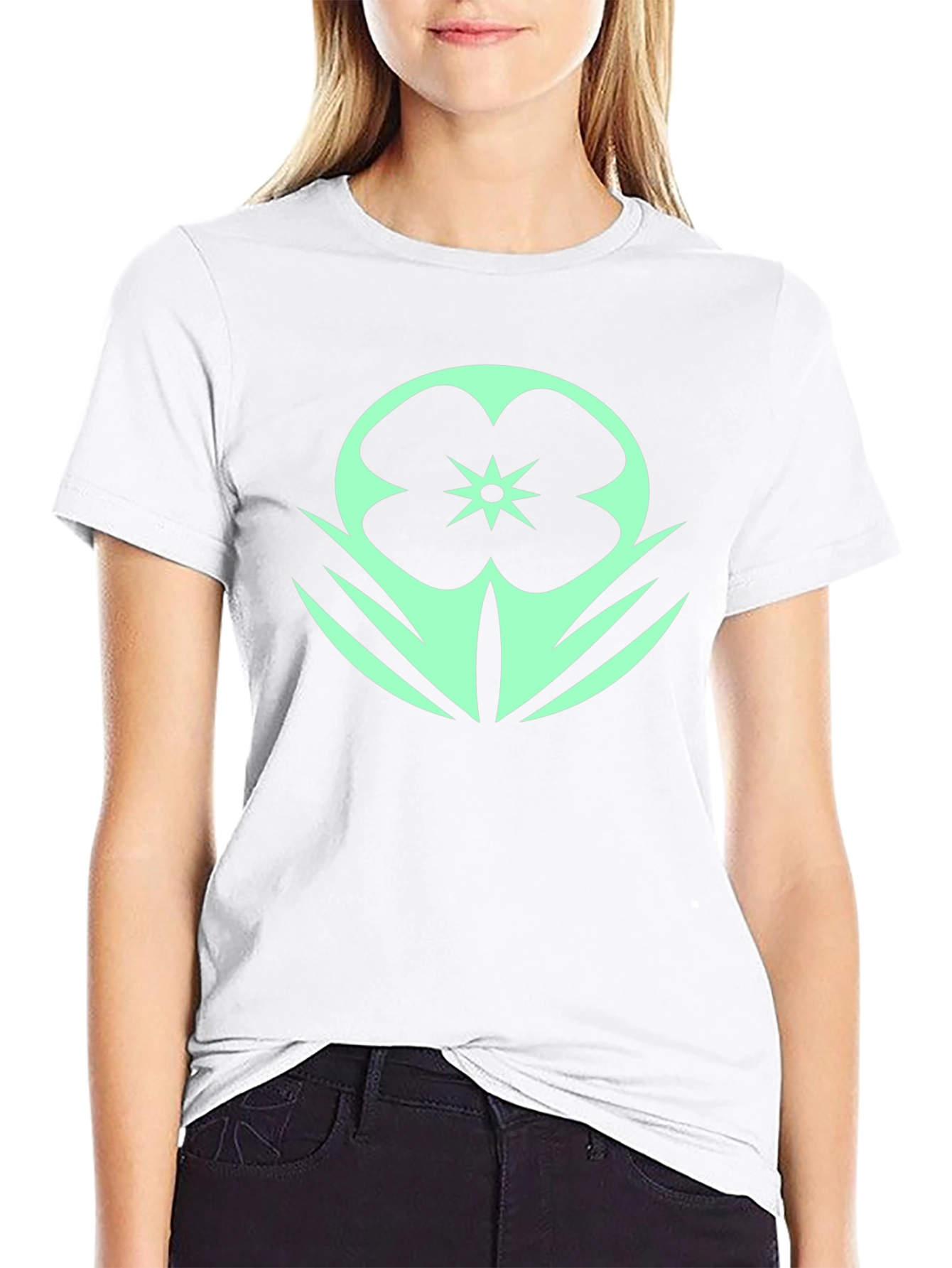 Black T-Shirt with Mint Floral Design