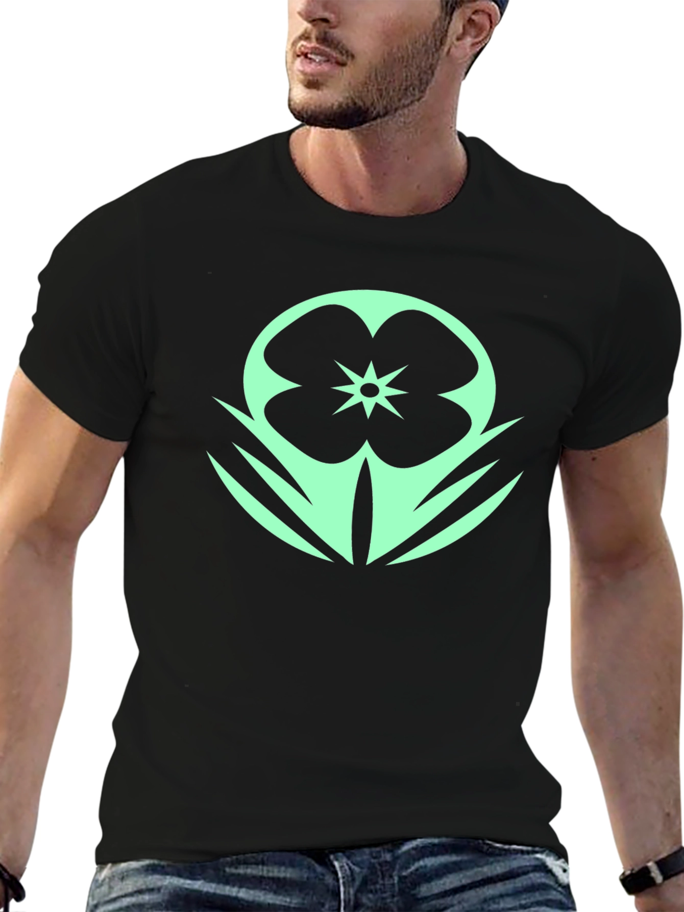 Black T-Shirt with Mint Floral Design