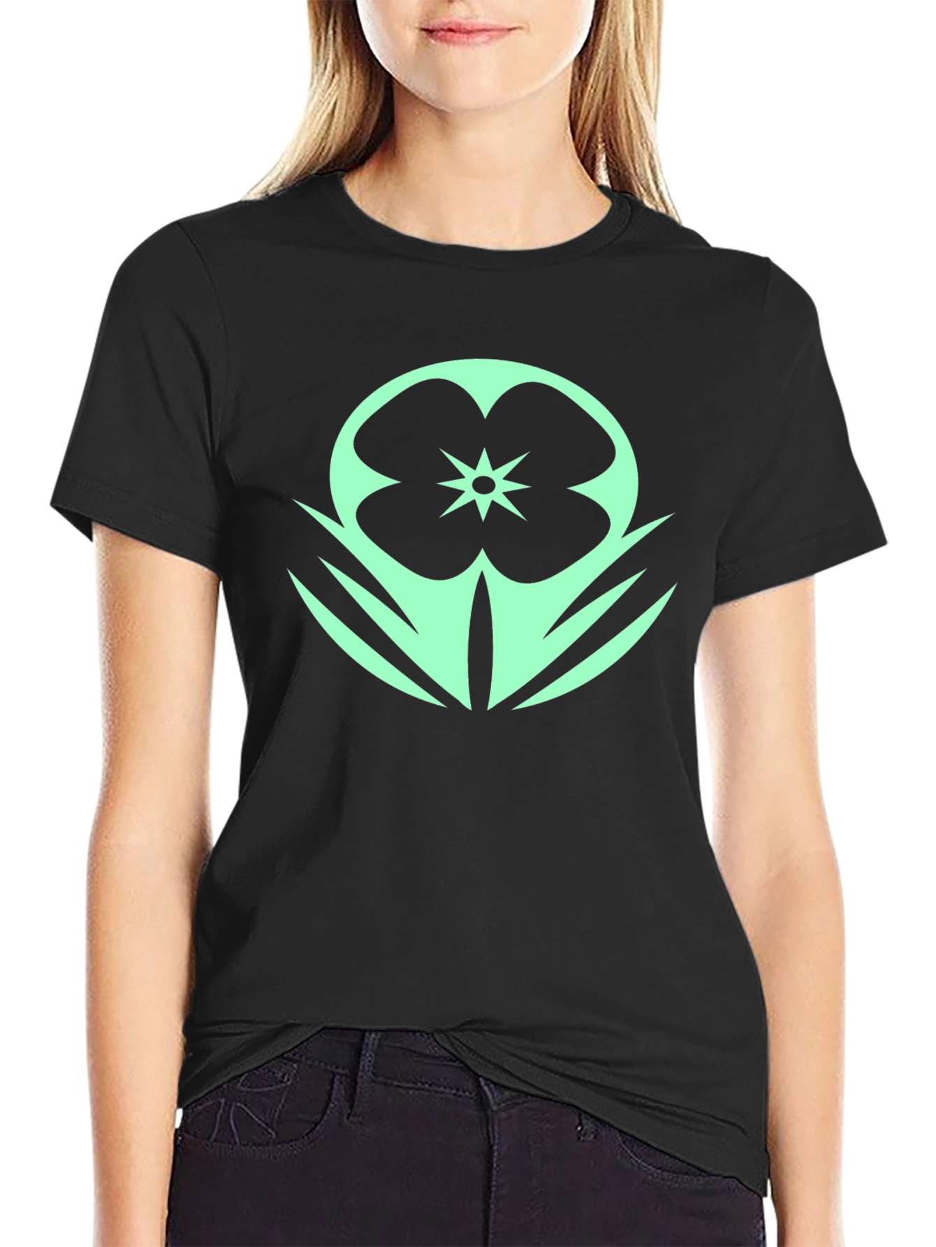 Black T-Shirt with Mint Floral Design