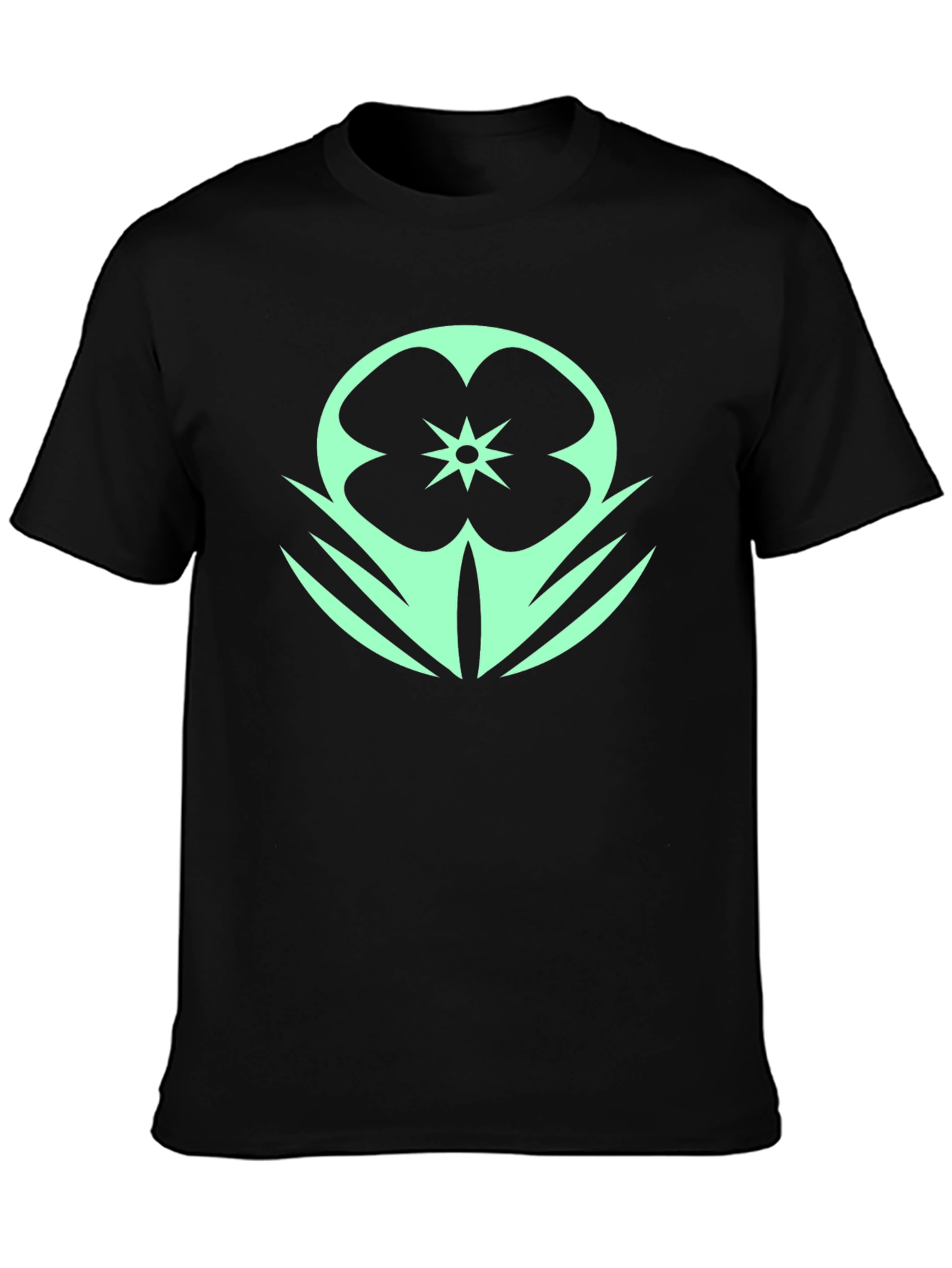 Black T-Shirt with Mint Floral Design