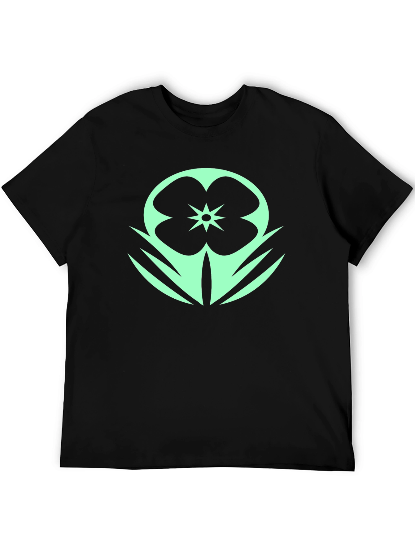 Black T-Shirt with Mint Floral Design