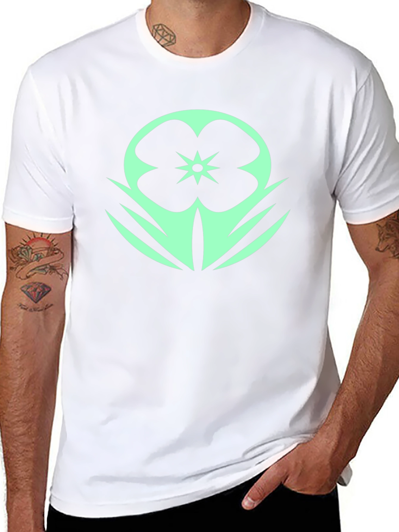 Black T-Shirt with Mint Floral Design