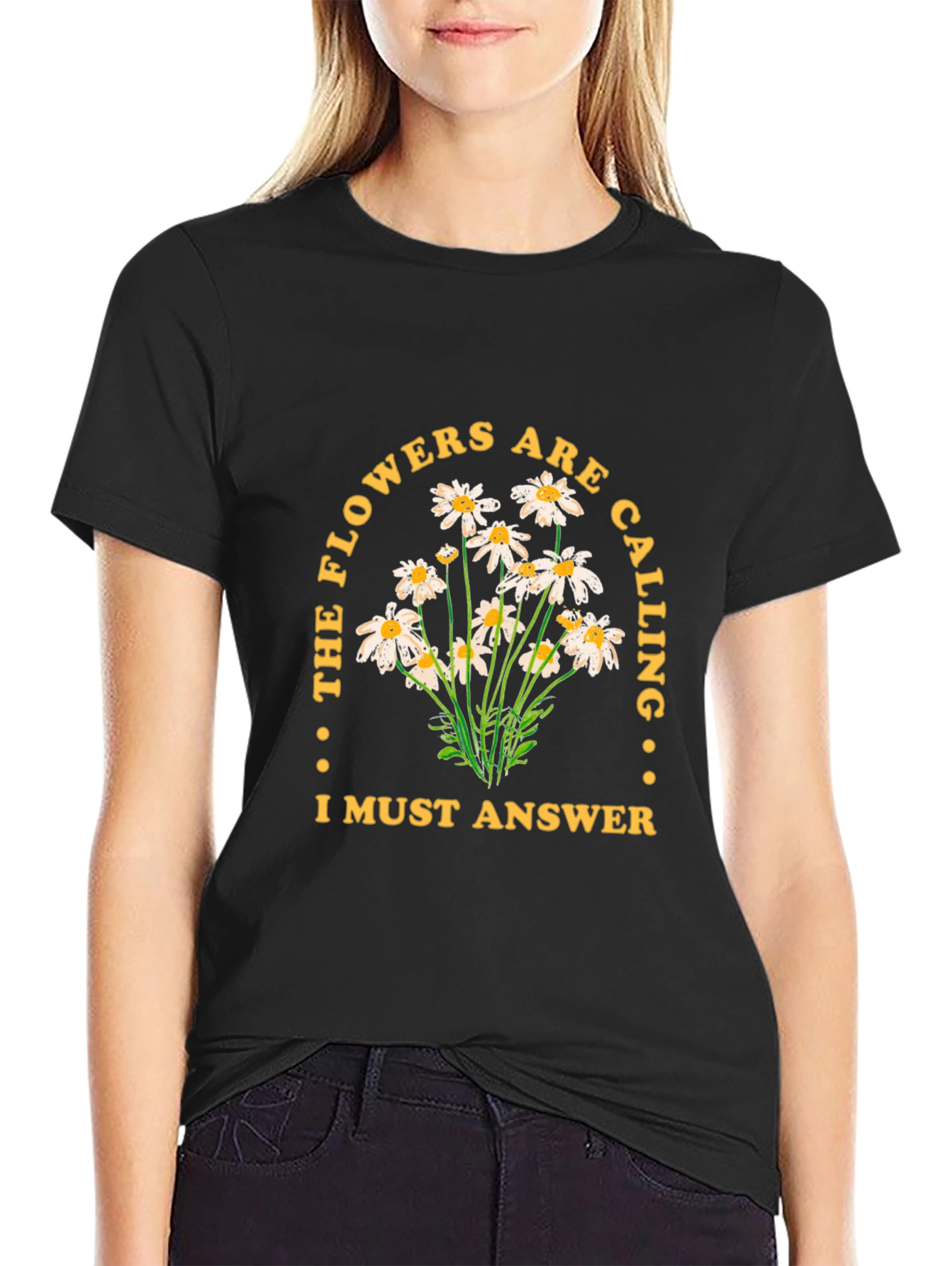 The Flowers Are Calling Black Graphic Tee