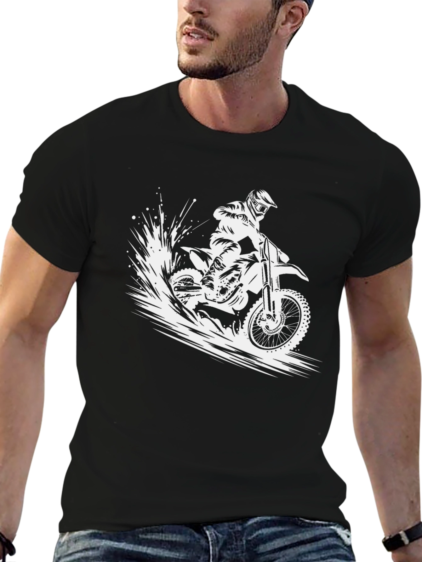 Dirt Bike Graphic Tee - Black Cotton Casual Shirt