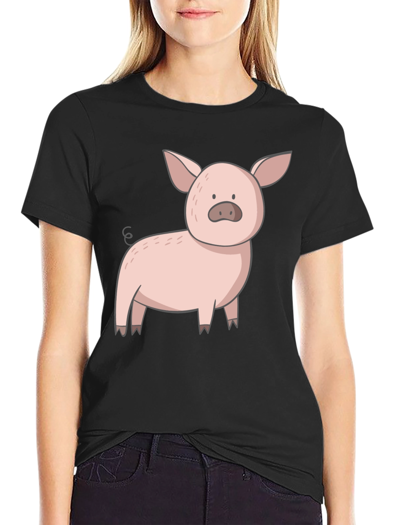 Cute Pig Graphic Tee - Black Casual T-Shirt