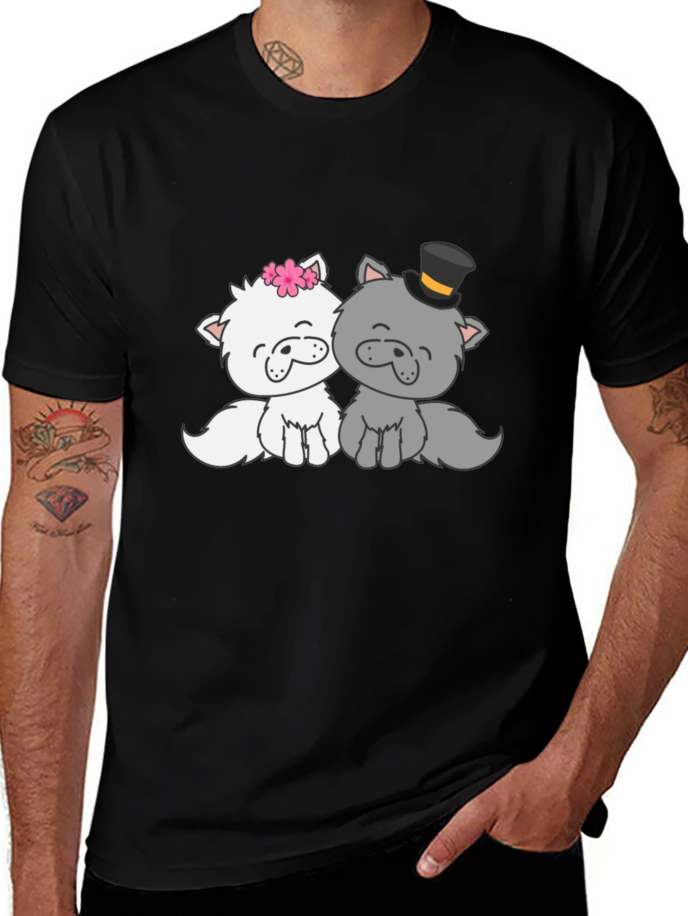Cute Cat Couple T-Shirt - Black Cotton Tee