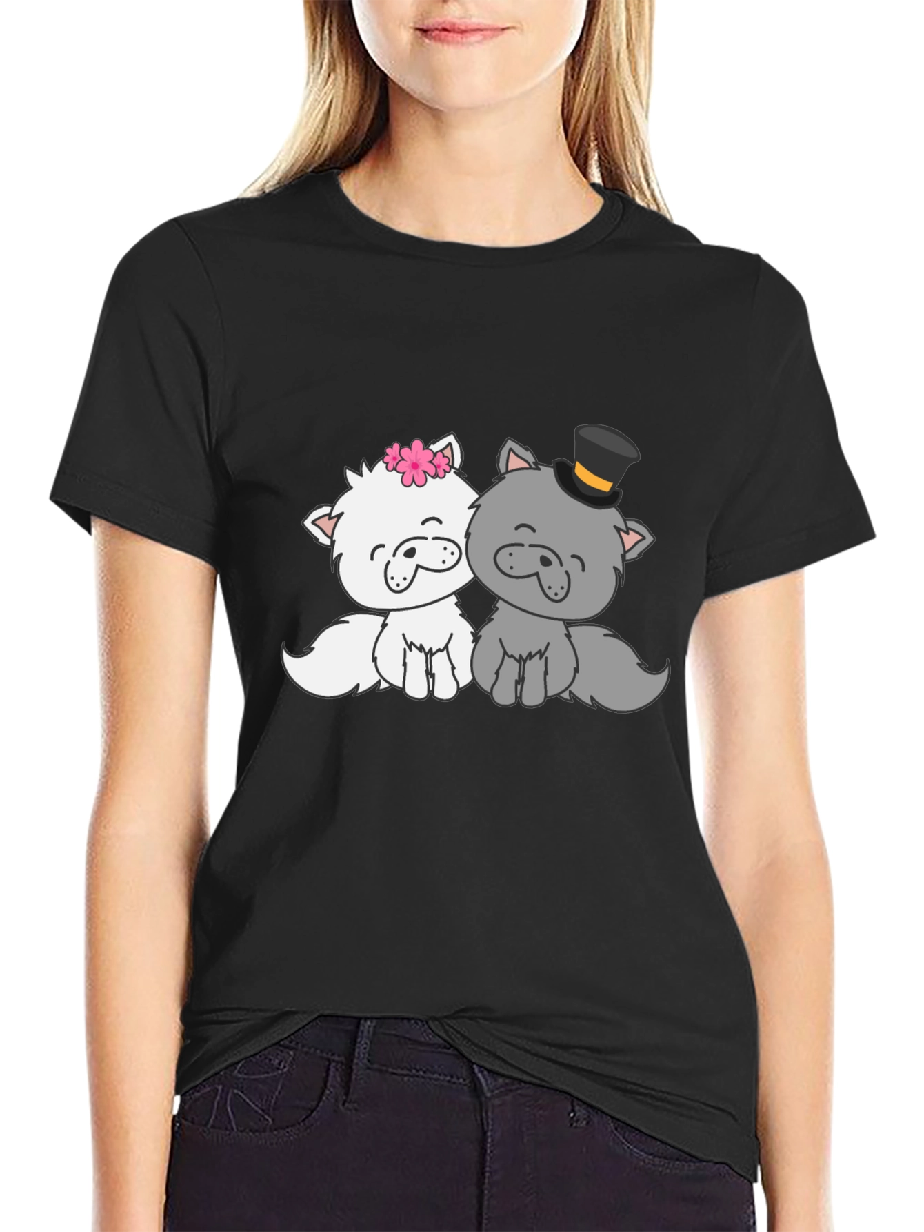 Cute Cat Couple T-Shirt - Black Cotton Tee