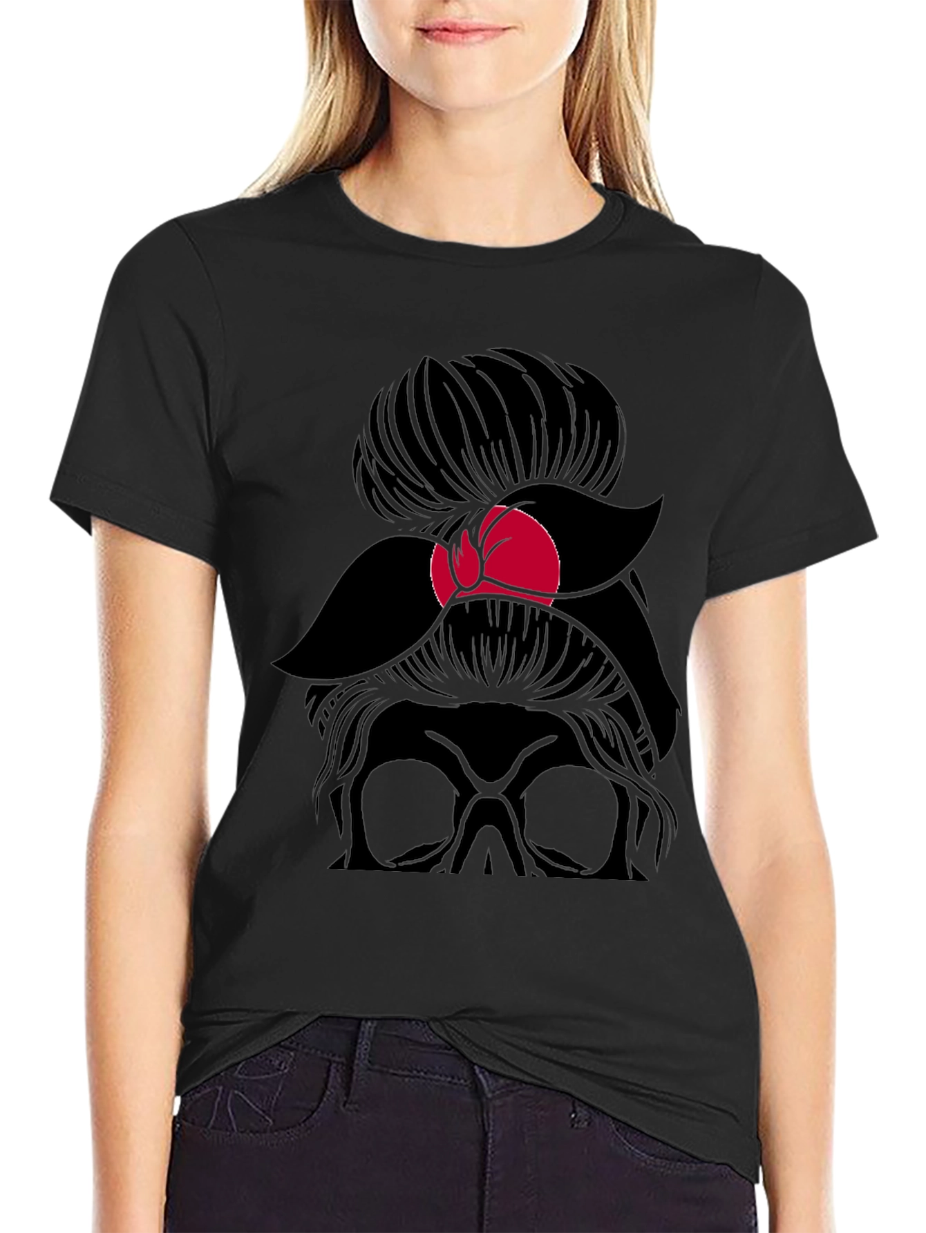 Messy Bun Skull Graphic T-Shirt