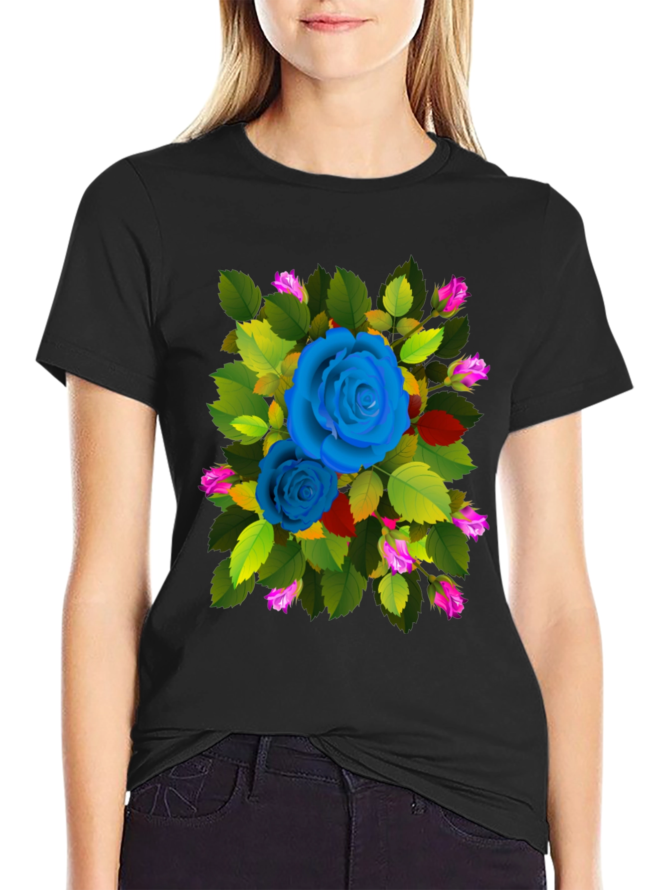 Floral Rose Graphic Print Black T-Shirt