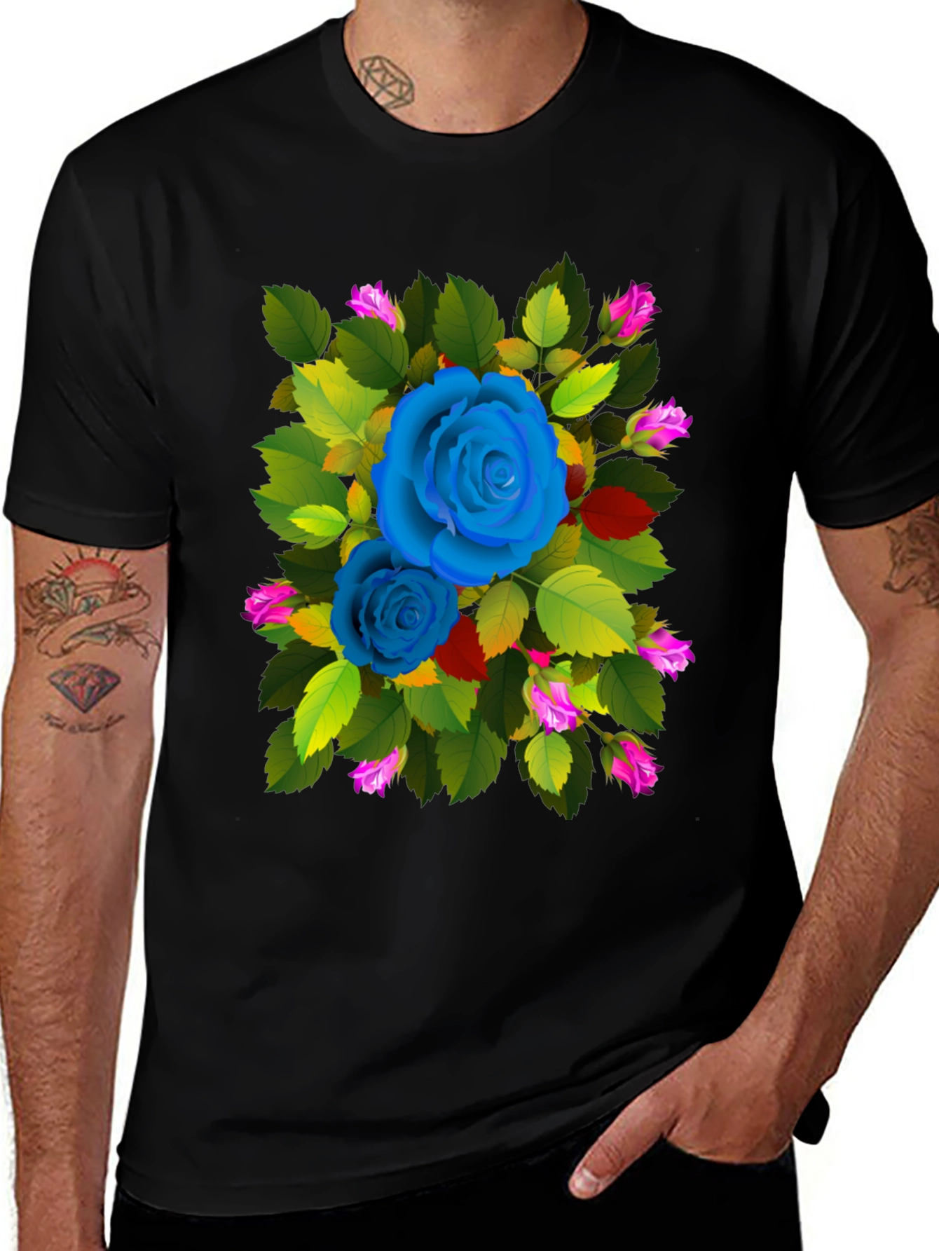 Floral Rose Graphic Print Black T-Shirt