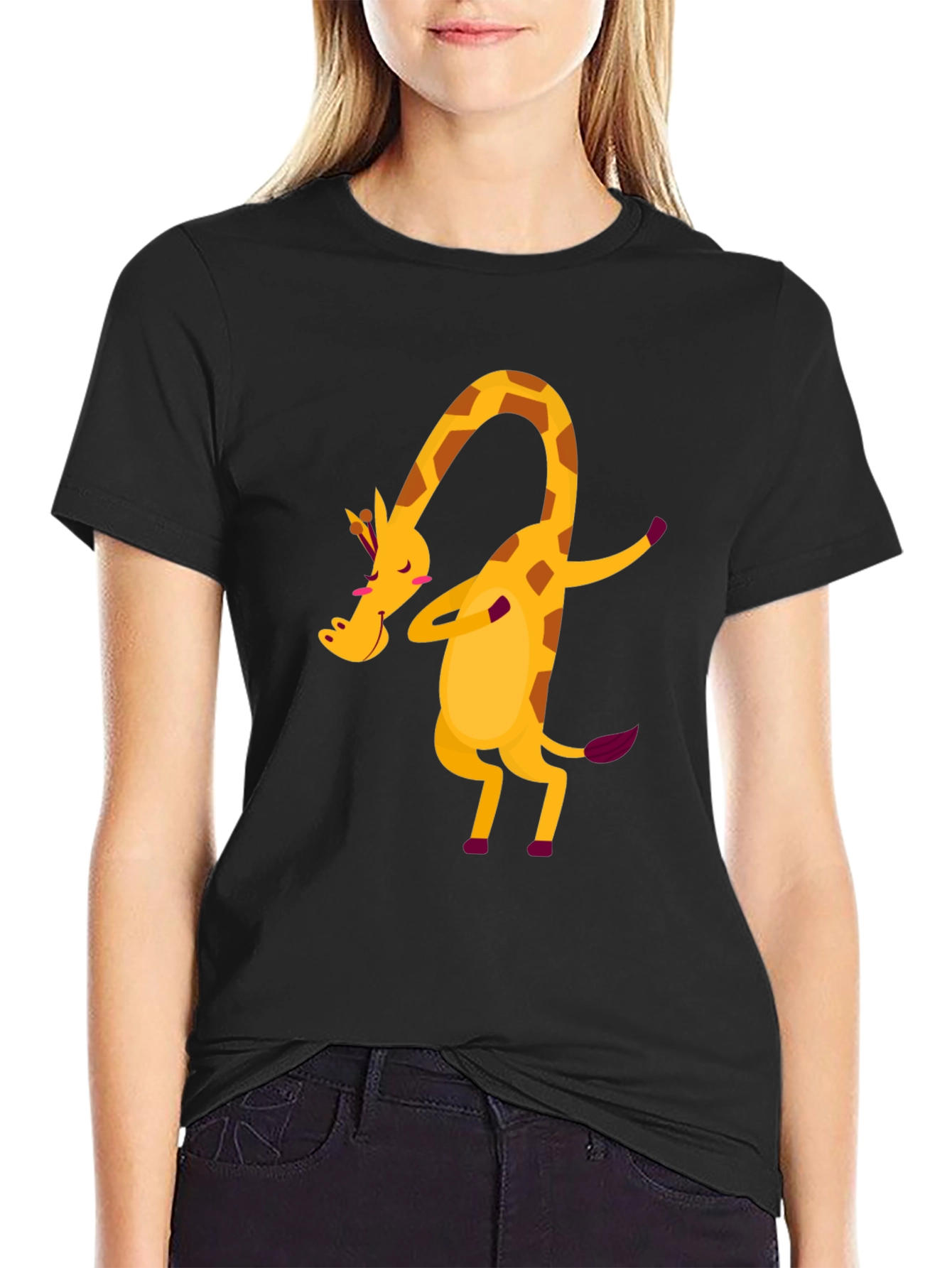 Dabbing Giraffe Graphic Tee - Fun Black T-Shirt