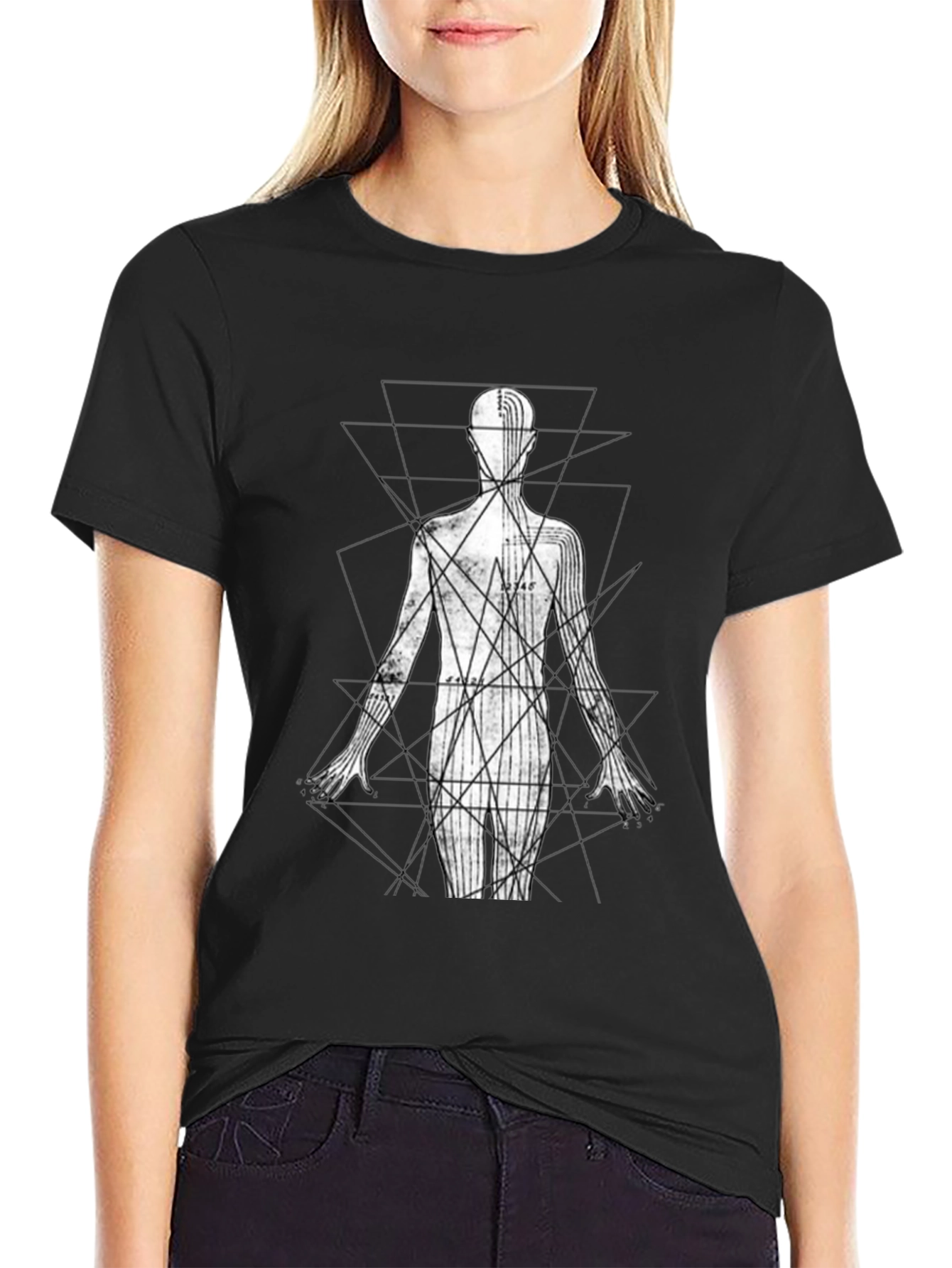 Geometric Human Figure Graphic Black T-Shirt
