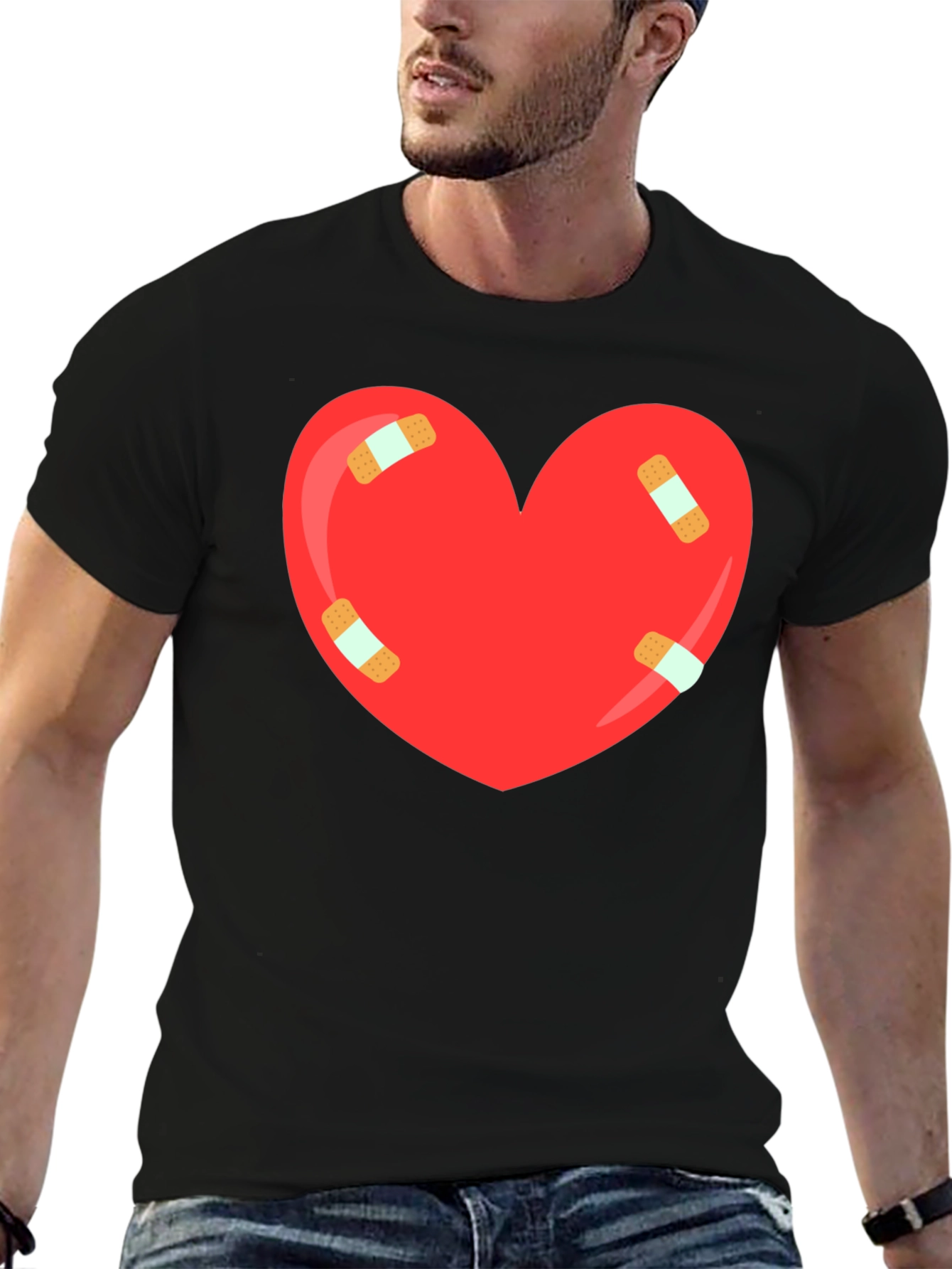 Heart with Bandages Graphic Tee - Black Cotton T-Shirt