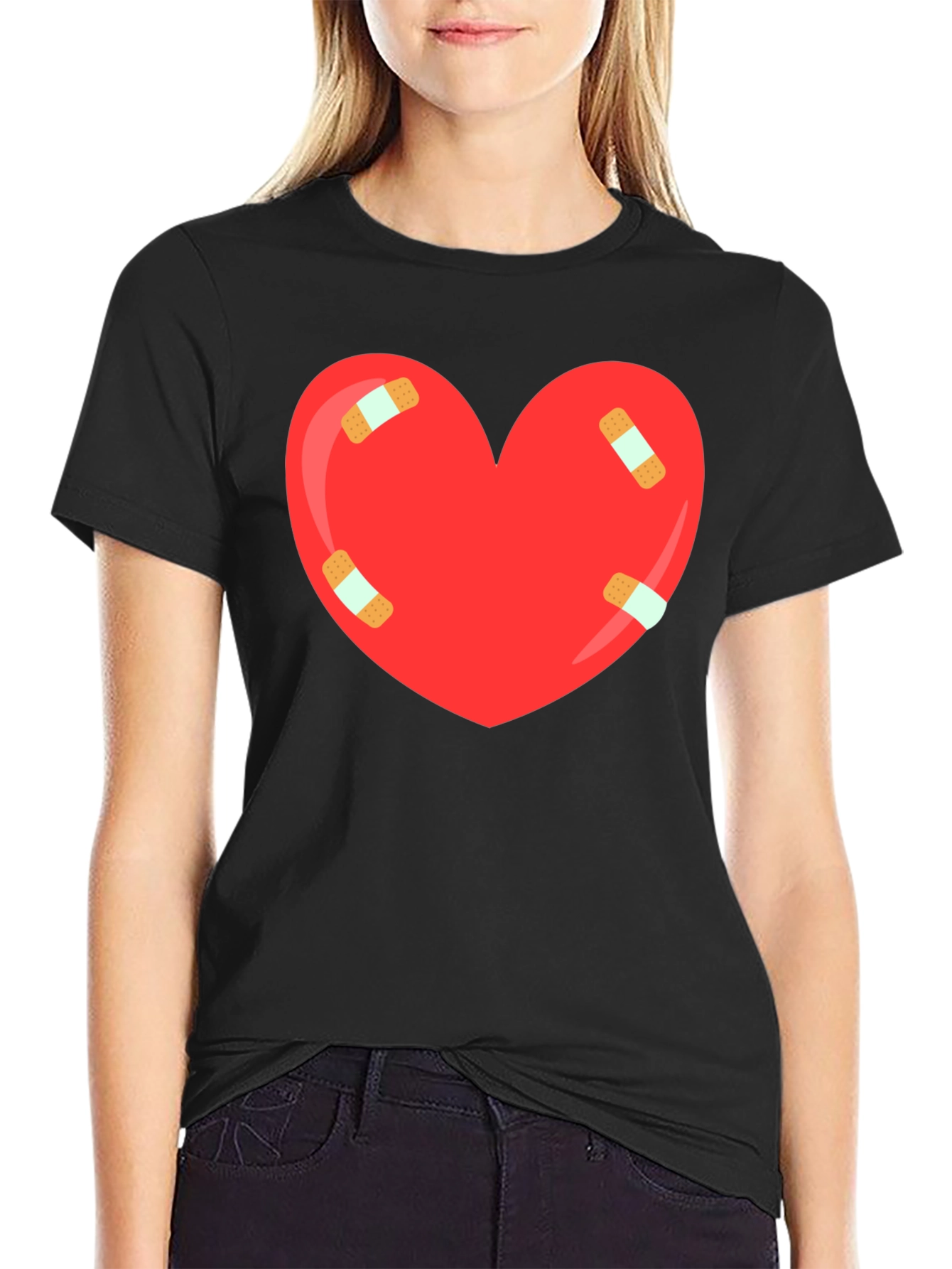 Heart with Bandages Graphic Tee - Black Cotton T-Shirt