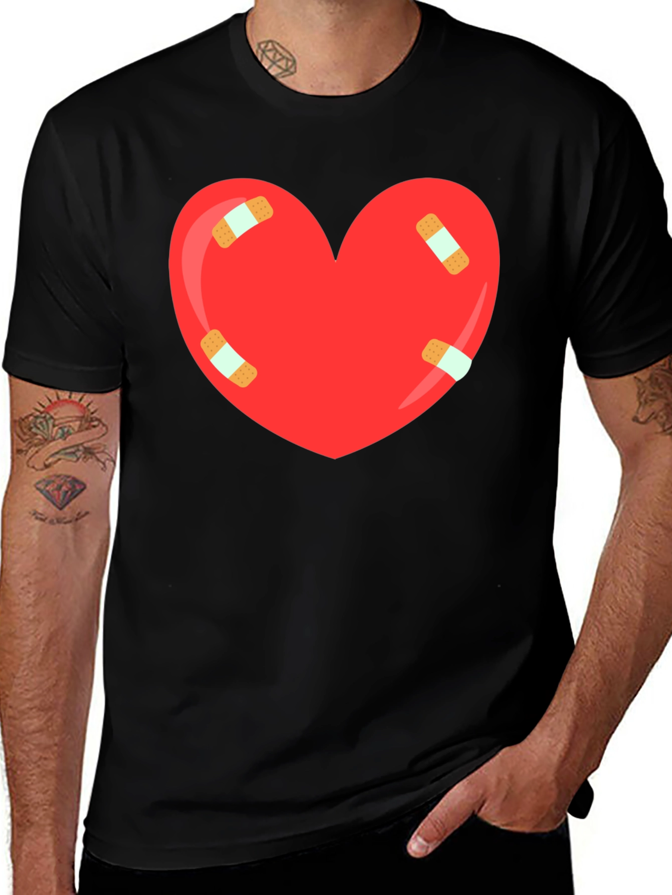 Heart with Bandages Graphic Tee - Black Cotton T-Shirt