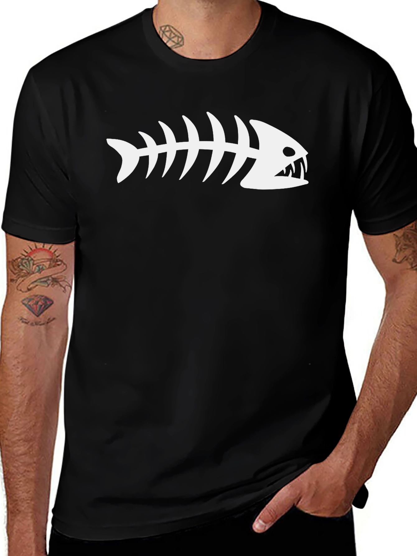 Fish Bone Graphic Tee - Black Cotton Casual T-Shirt