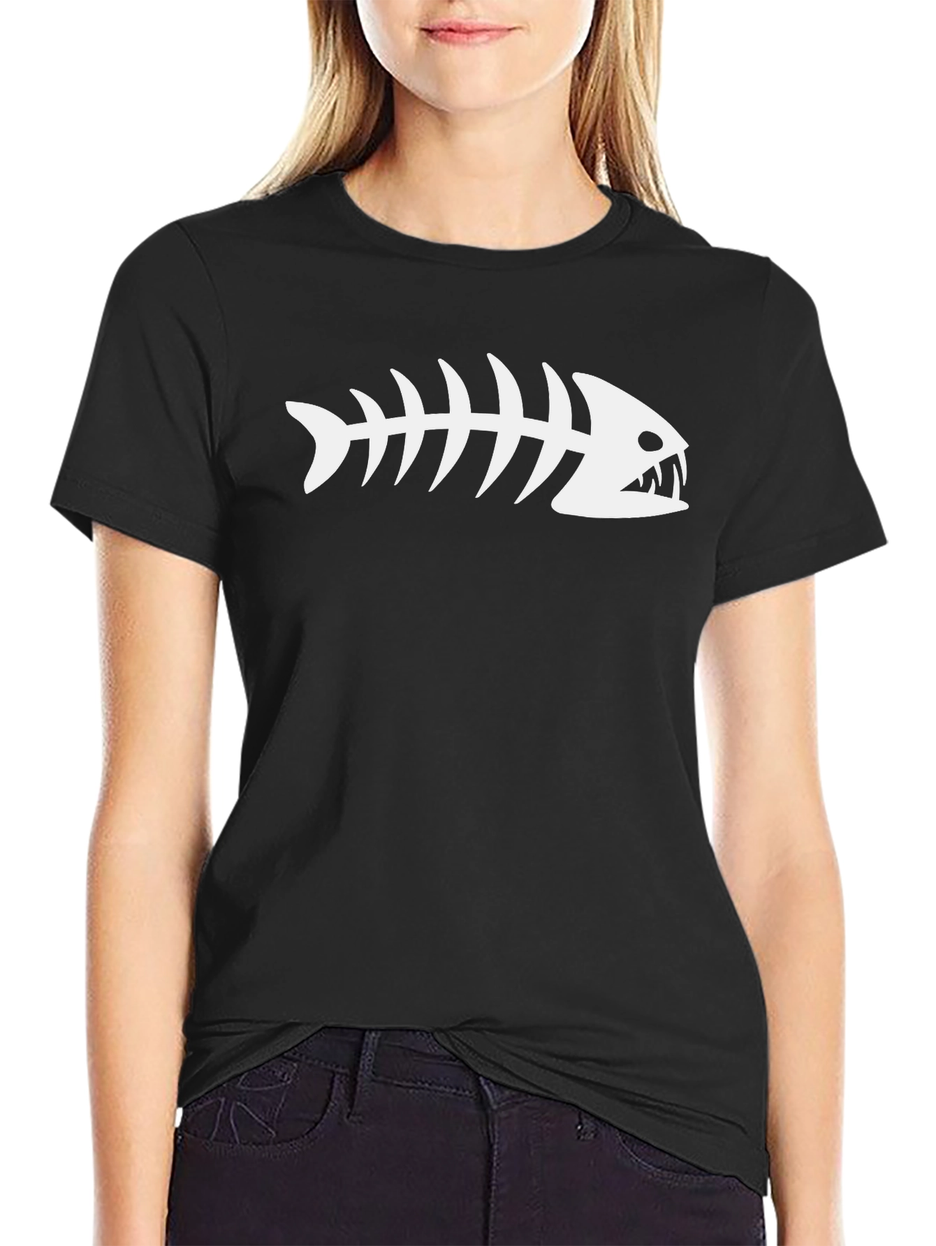 Fish Bone Graphic Tee - Black Cotton Casual T-Shirt