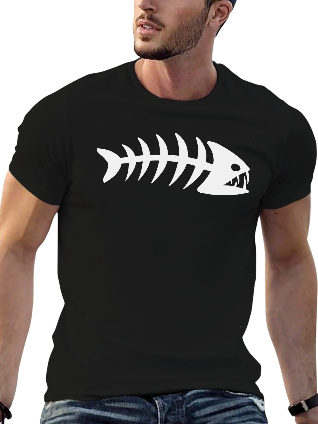 Fish Bone Graphic Tee - Black Cotton Casual T-Shirt