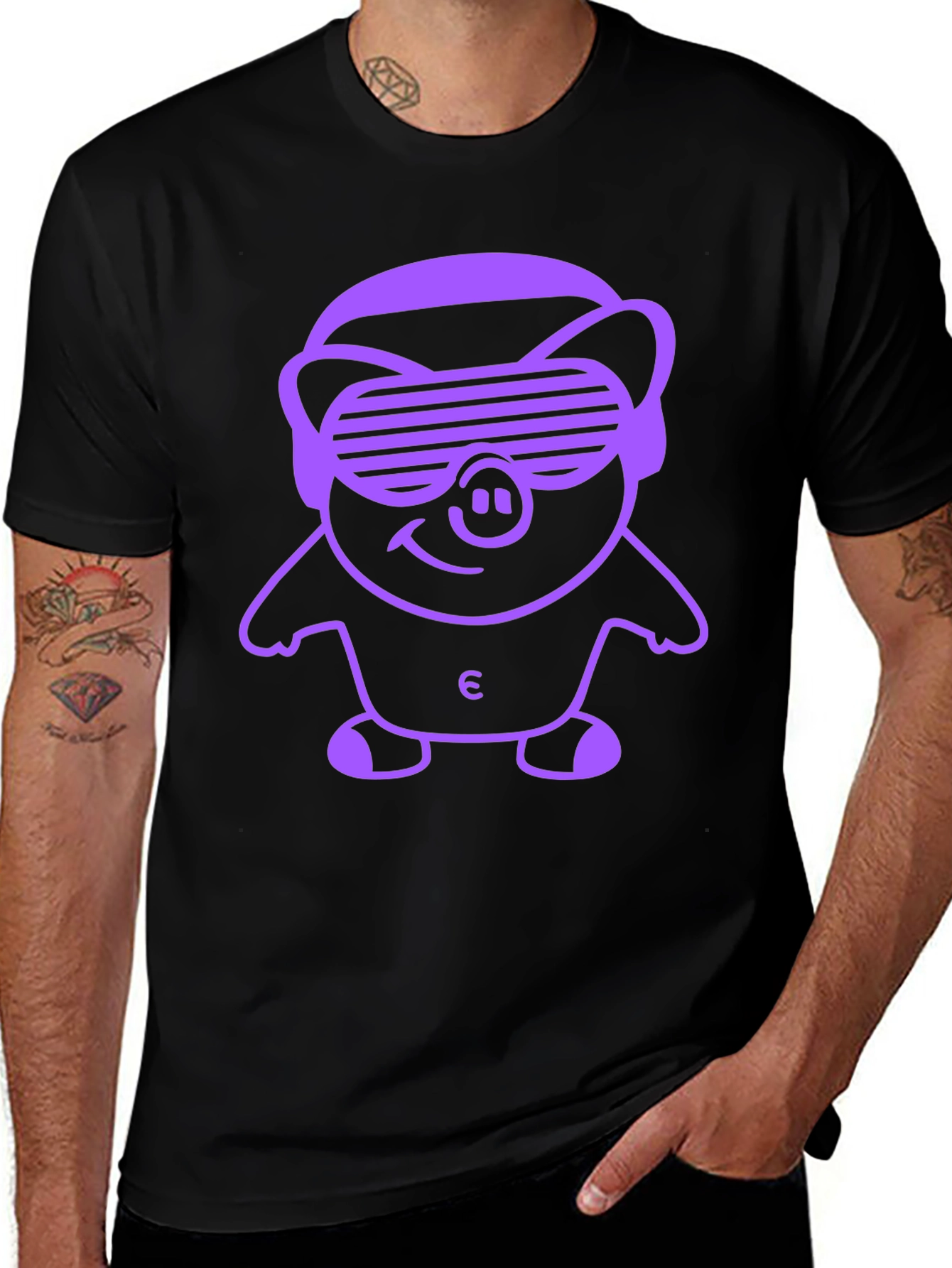 Black Tee with Pig Wearing Sunglasses Graphic