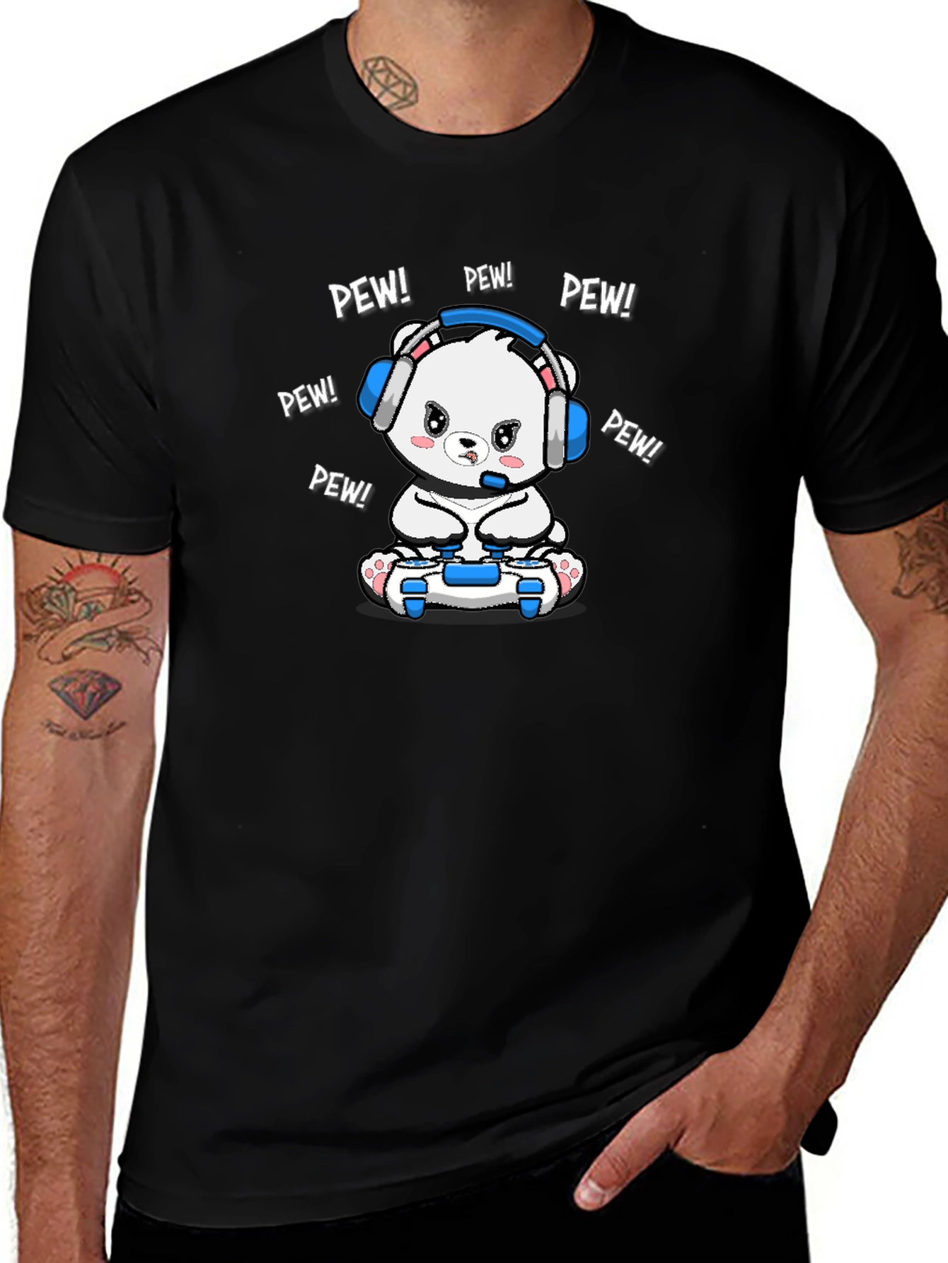Gamer Bear T-Shirt - Pew Pew! Black Cotton Tee
